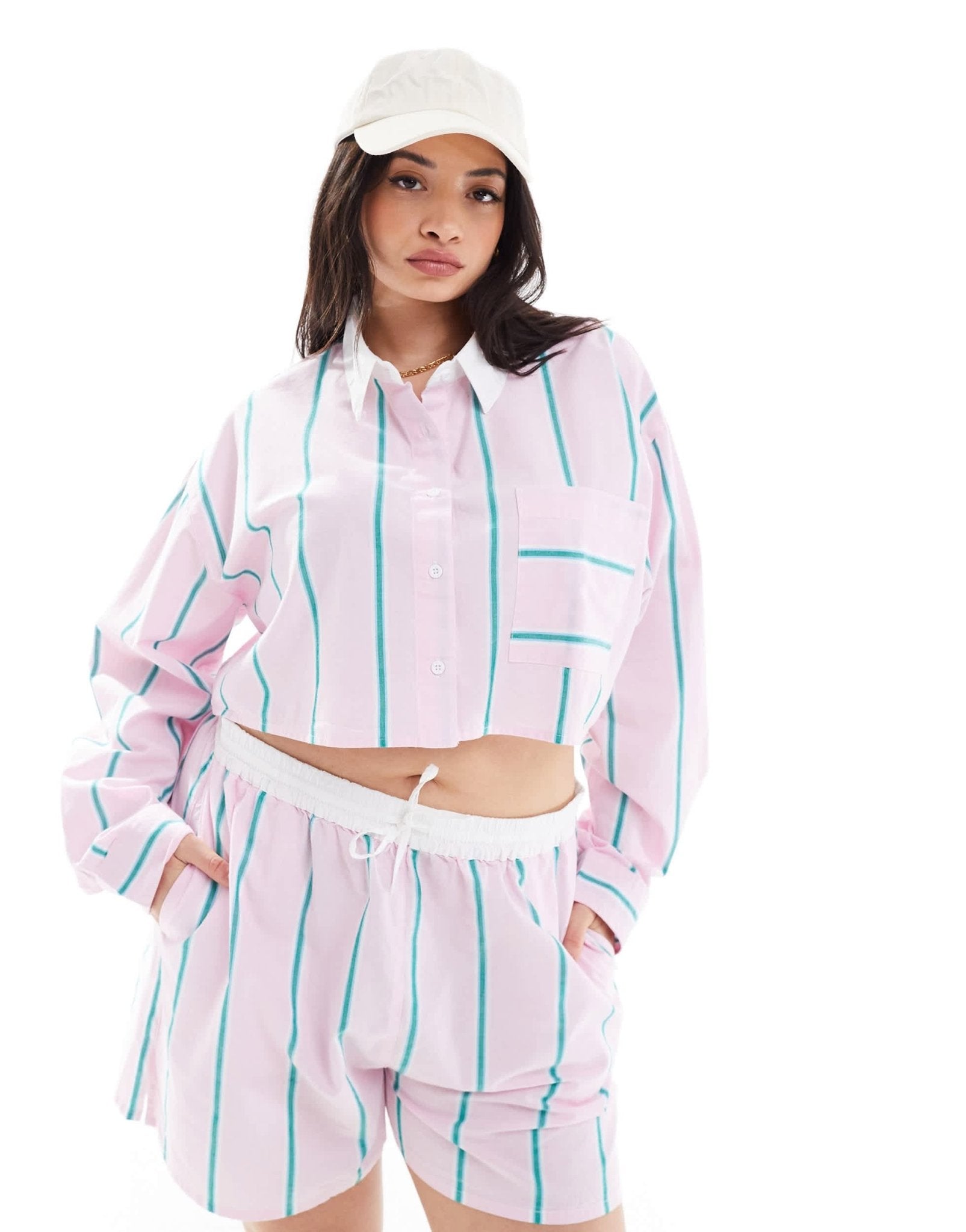 ASOS DESIGN Curve cropped shirt with contrast collar in pink stripe - ASOS Sample Sale EU Store