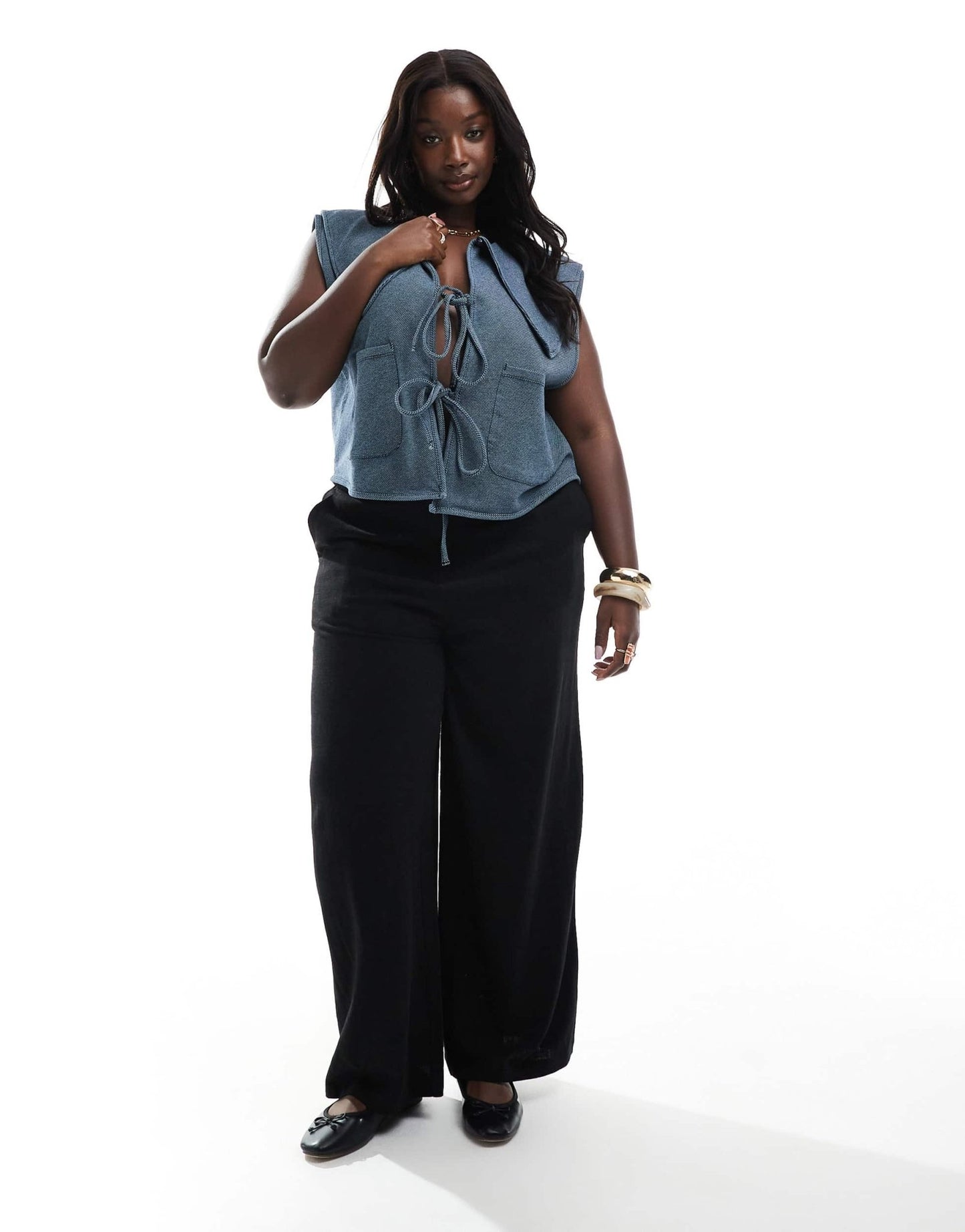 ASOS DESIGN Curve denim look peter pan collar waistcoat with tie front - ASOS Sample Sale EU Store