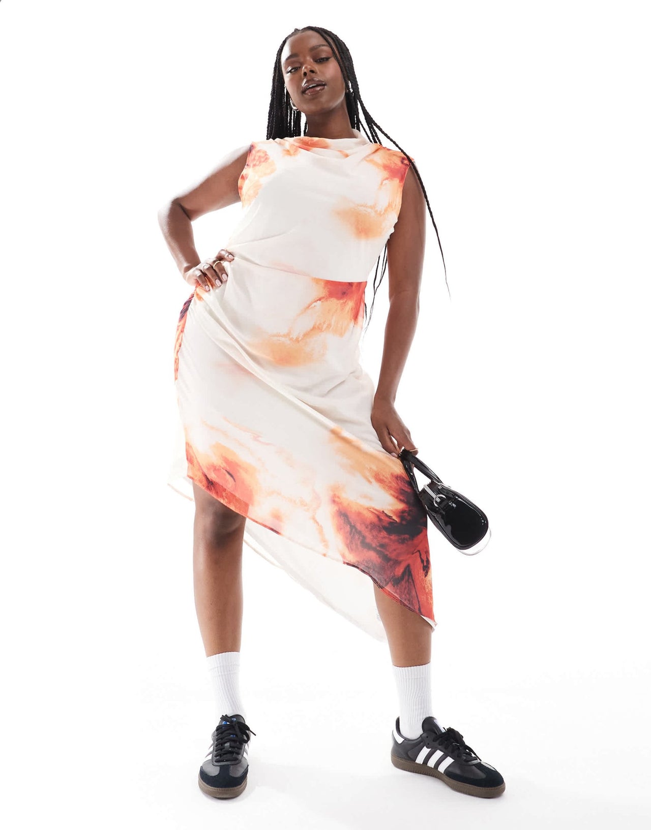 ASOS DESIGN Curve fallen shoulder with asym hem midi dress in red print - ASOS Sample Sale EU Store