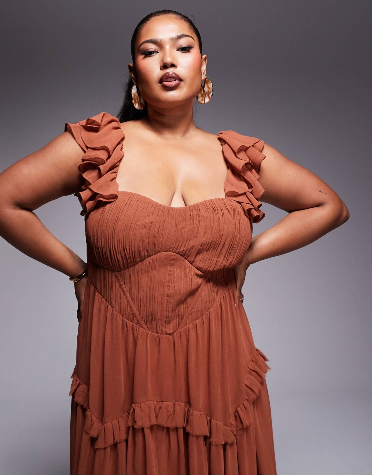 ASOS DESIGN Curve flutter sleeve high low midi dress in mocha - ASOS Sample Sale EU Store