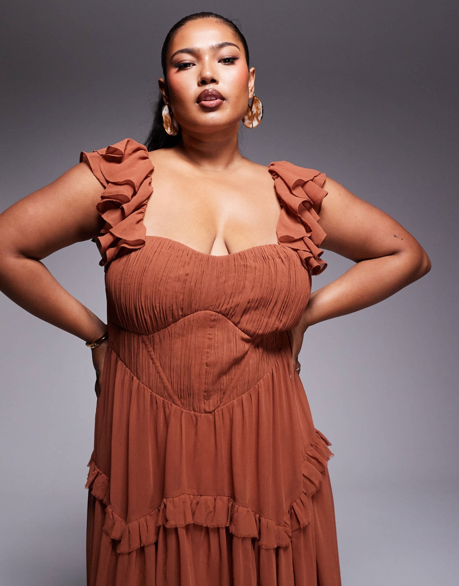 ASOS DESIGN Curve flutter sleeve high low midi dress in mocha - ASOS Sample Sale EU Store