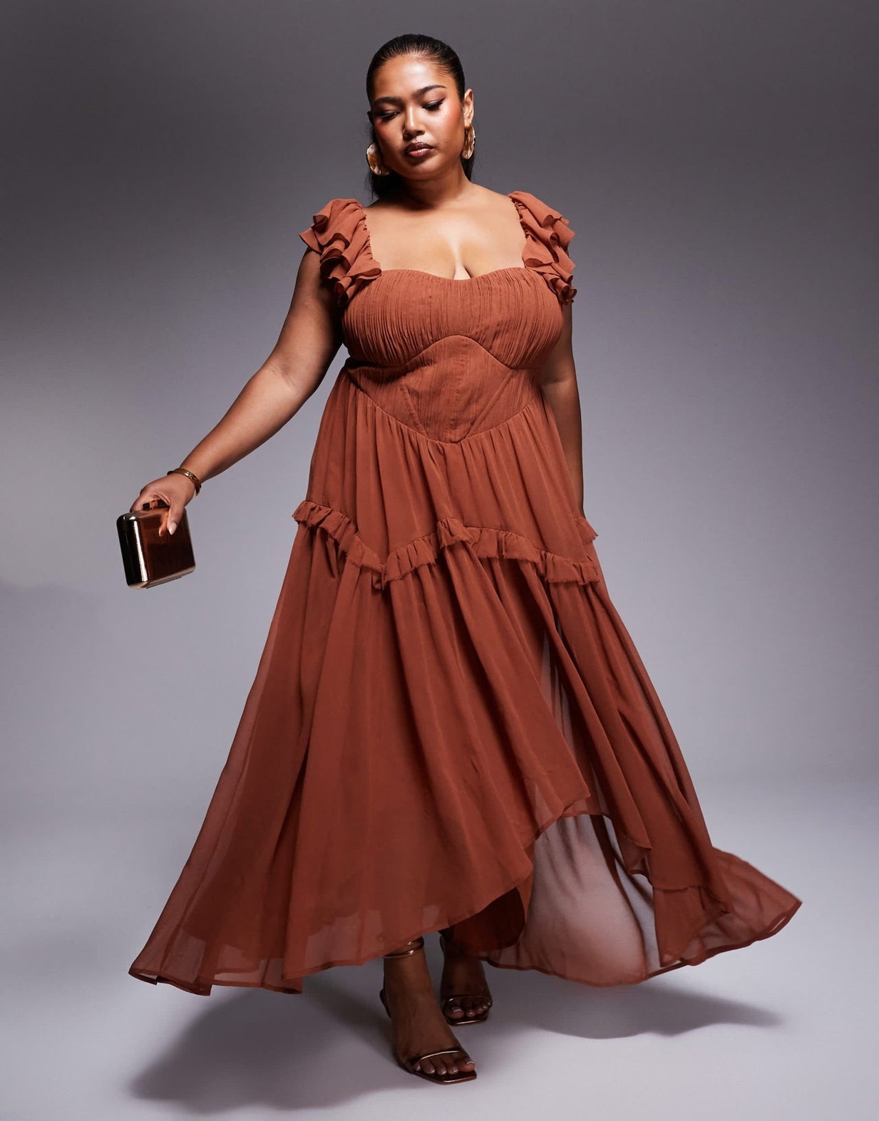 ASOS DESIGN Curve flutter sleeve high low midi dress in mocha - ASOS Sample Sale EU Store