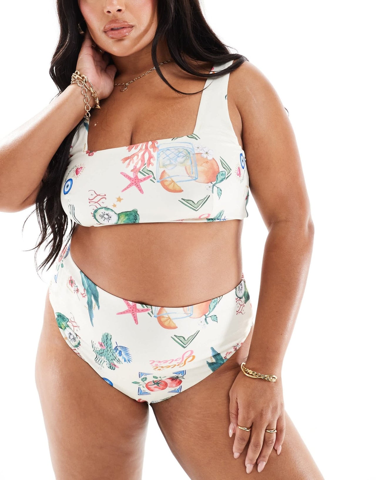 ASOS DESIGN Curve high leg high waist bikini bottom in postcard print - ASOS Sample Sale EU Store