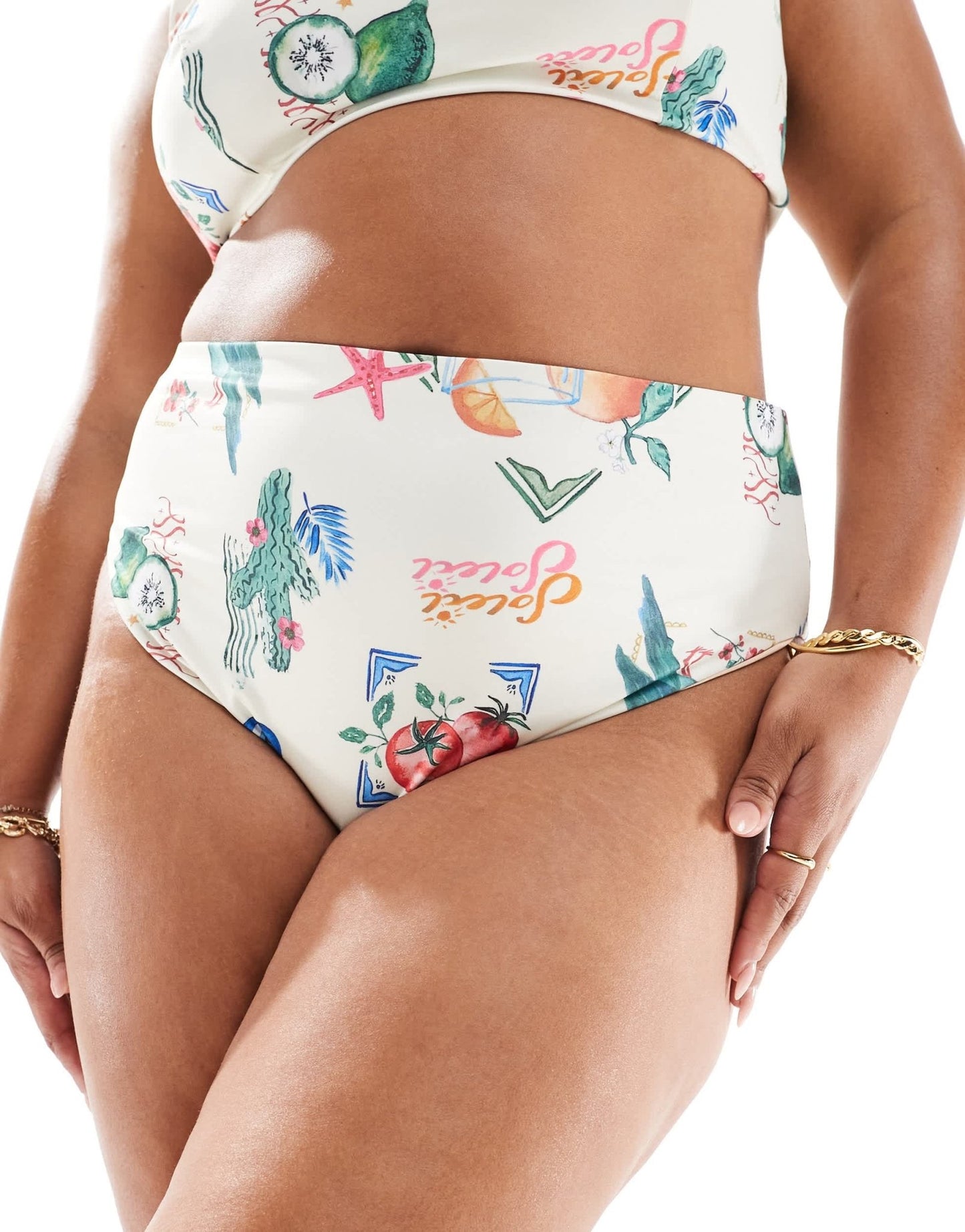 ASOS DESIGN Curve high leg high waist bikini bottom in postcard print - ASOS Sample Sale EU Store