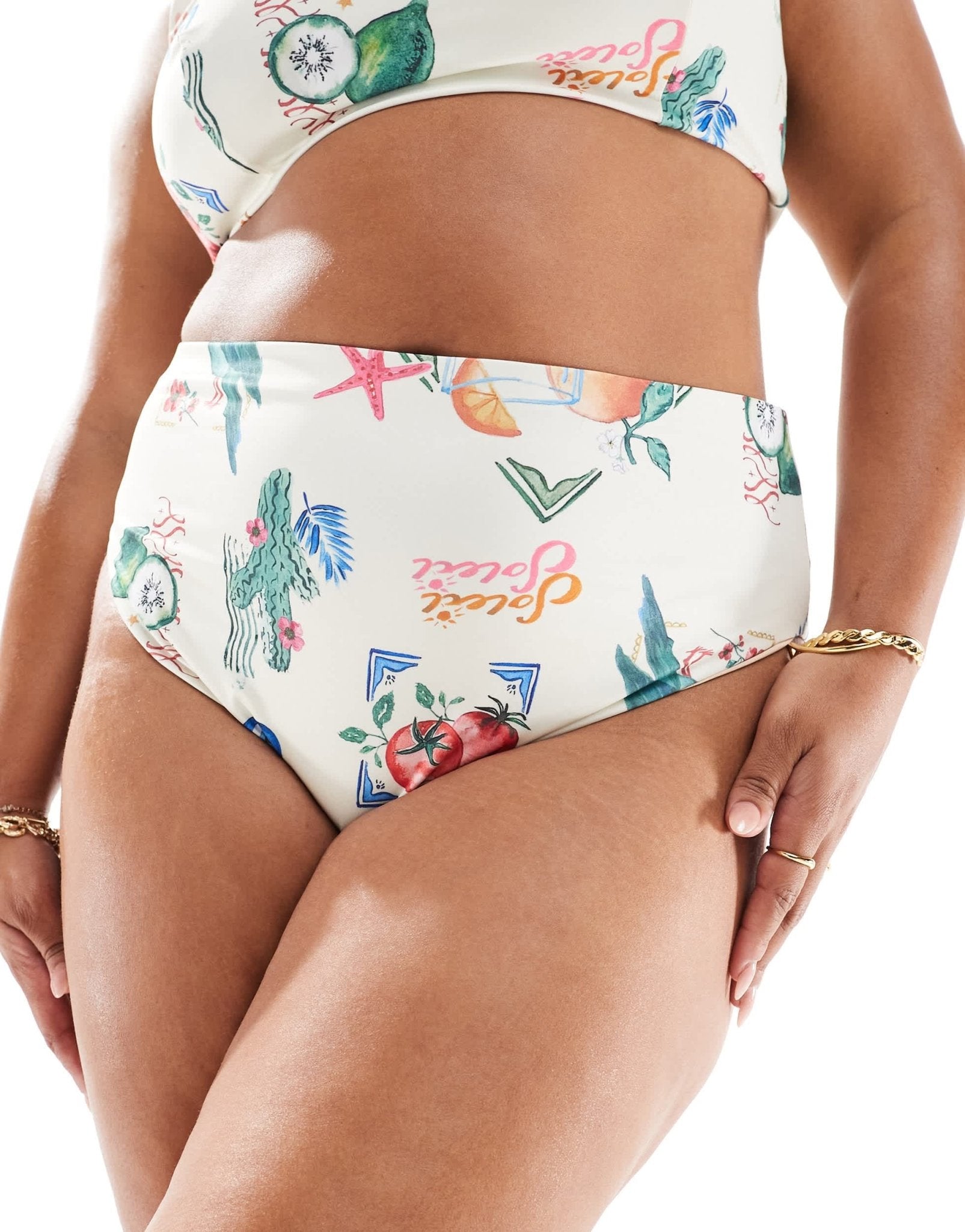 ASOS DESIGN Curve high leg high waist bikini bottom in postcard print - ASOS Sample Sale EU Store