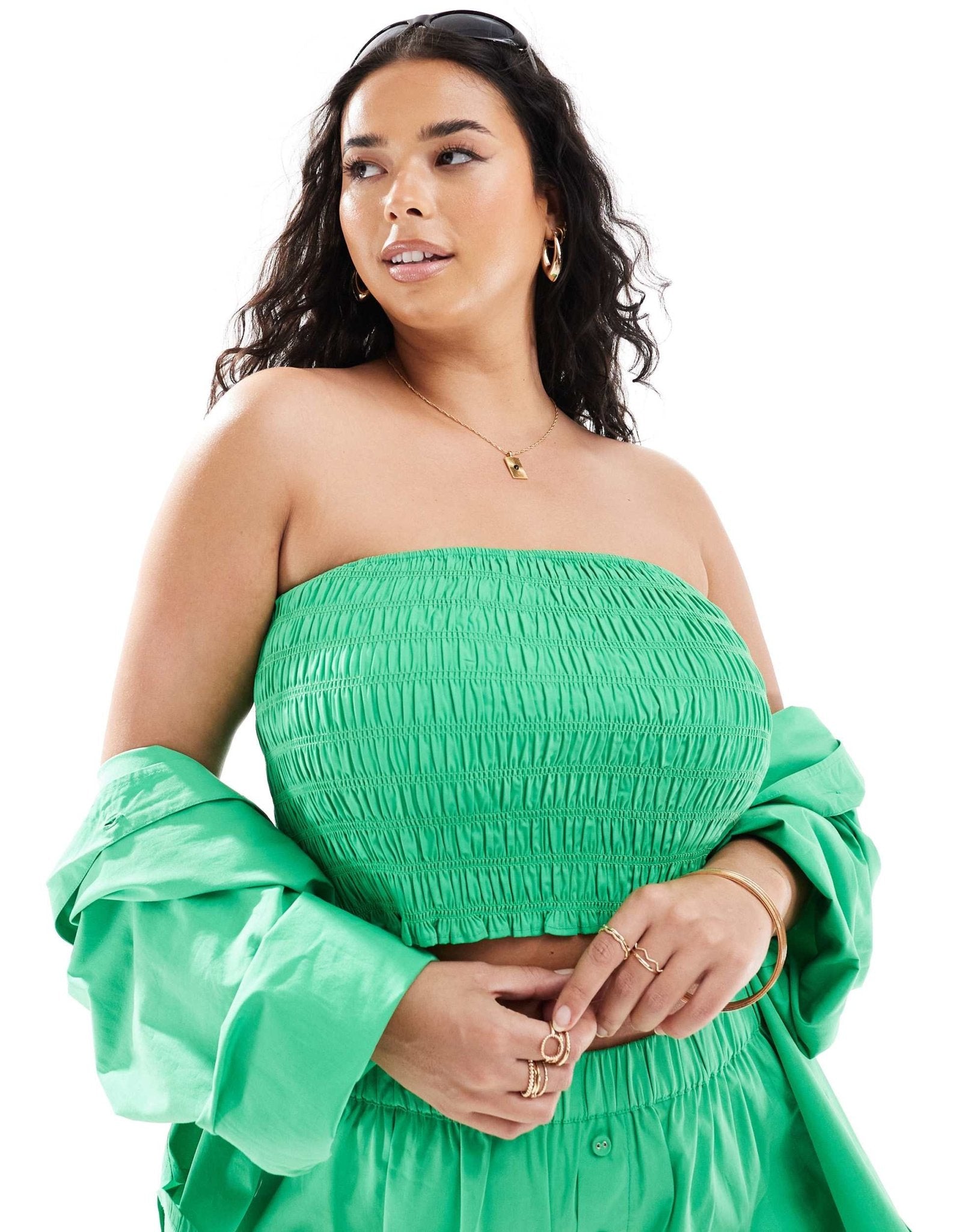 ASOS DESIGN Curve Kaye cotton shirred bandeau beach top in bright green - ASOS Sample Sale EU Store