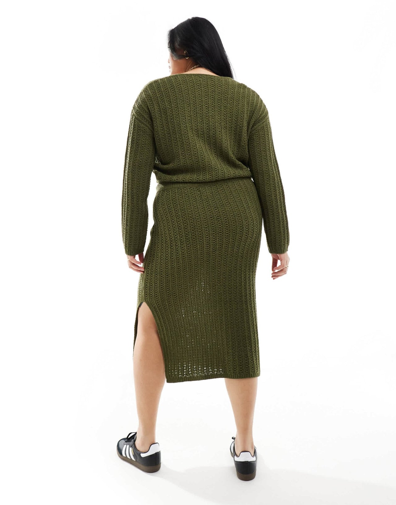 ASOS DESIGN Curve knitted v neck crop jumper in open stitch co - ord in khaki - ASOS Sample Sale EU Store