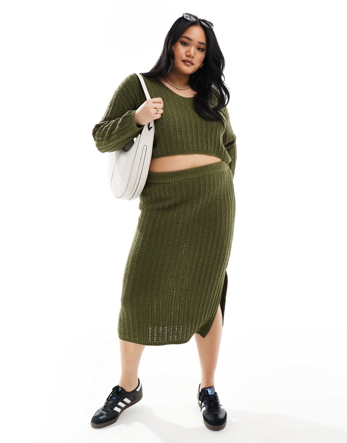 ASOS DESIGN Curve knitted v neck crop jumper in open stitch co - ord in khaki - ASOS Sample Sale EU Store