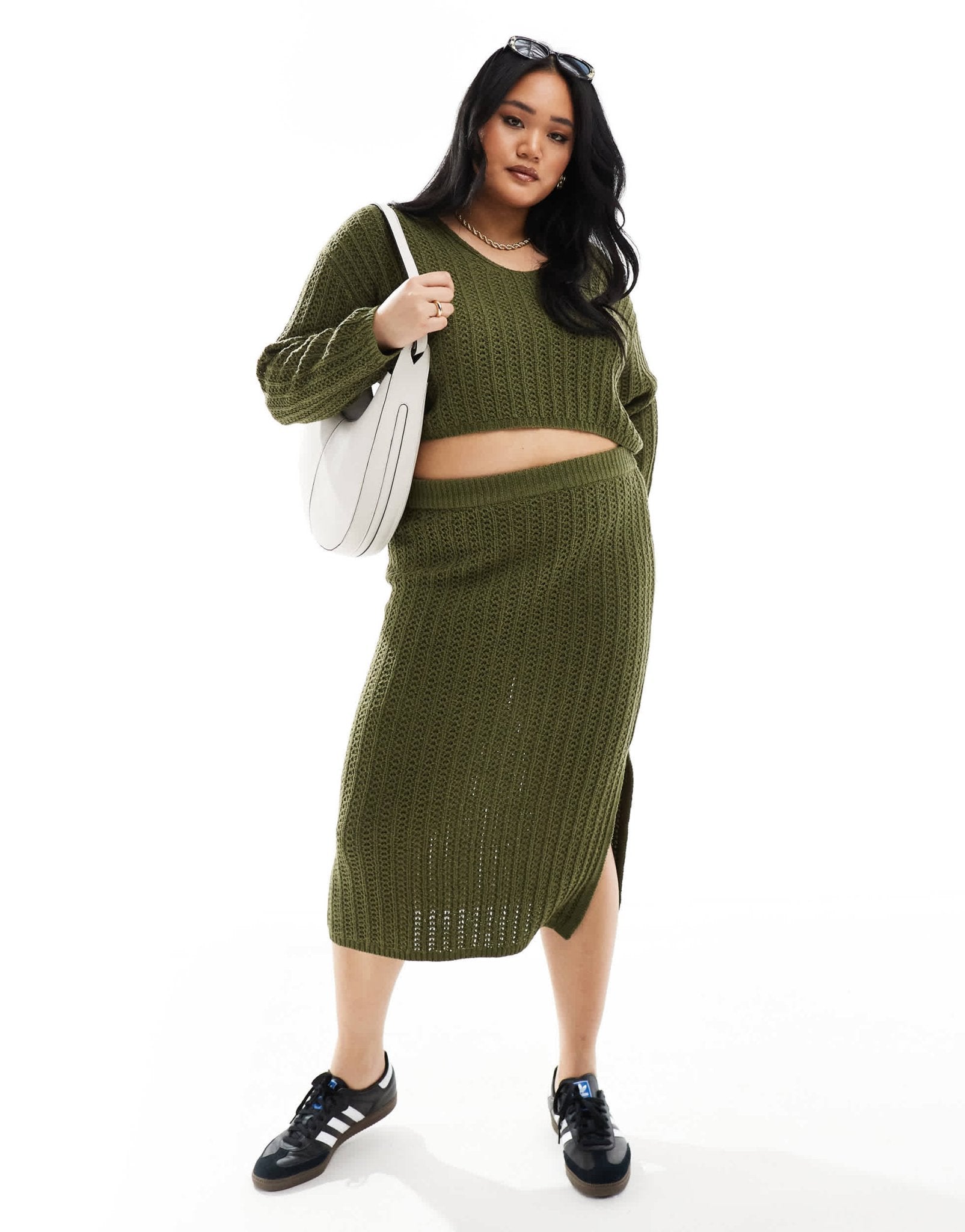 ASOS DESIGN Curve knitted v neck crop jumper in open stitch co - ord in khaki - ASOS Sample Sale EU Store