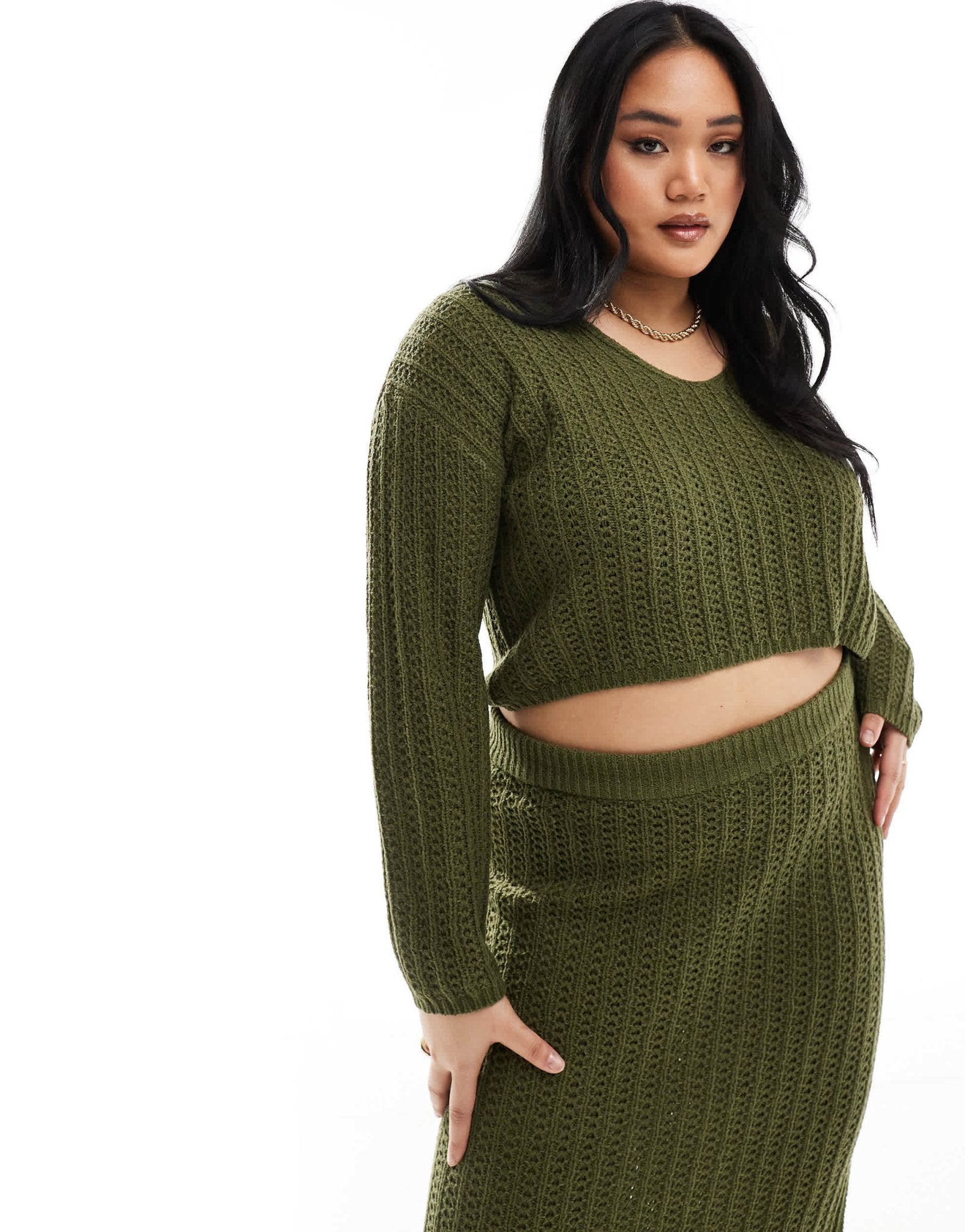 ASOS DESIGN Curve knitted v neck crop jumper in open stitch co - ord in khaki - ASOS Sample Sale EU Store