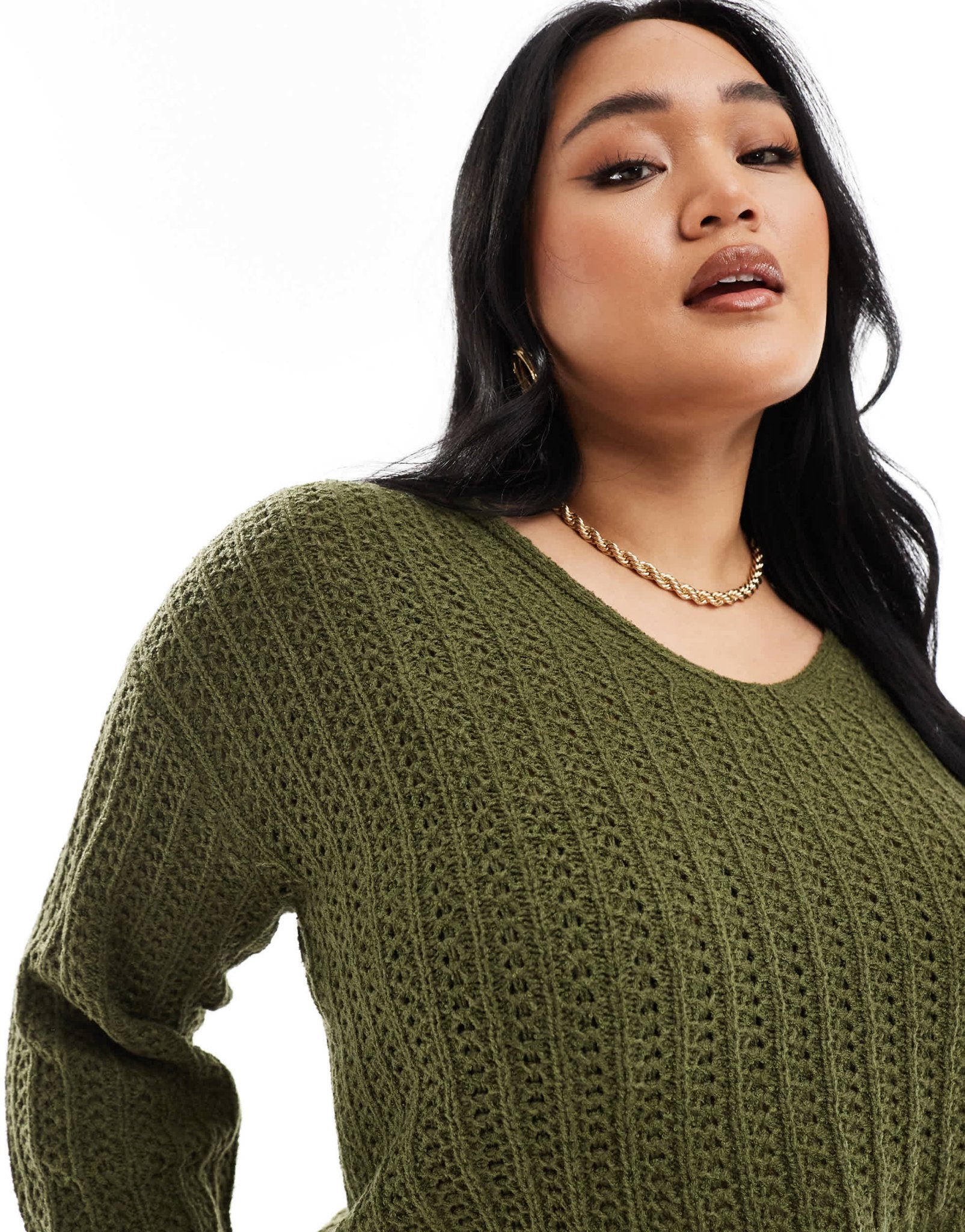 ASOS DESIGN Curve knitted v neck crop jumper in open stitch co - ord in khaki - ASOS Sample Sale EU Store