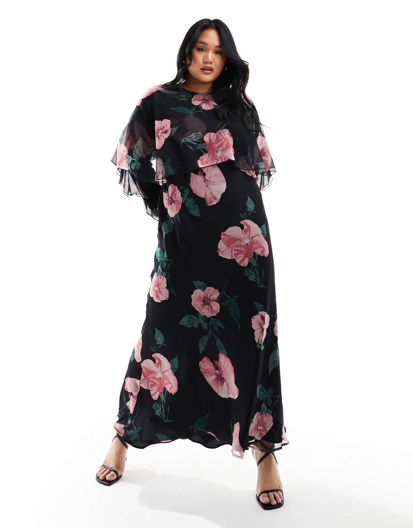 ASOS DESIGN Curve long sleeve ruffle bias maxi dress with cape detail in black floral print - ASOS Sample Sale EU Store