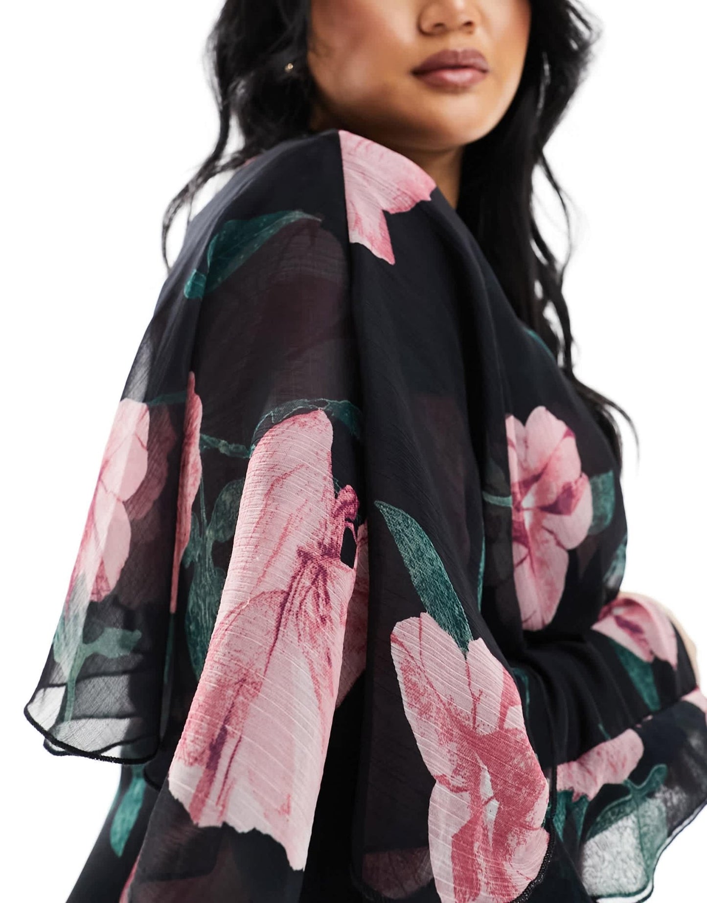 ASOS DESIGN Curve long sleeve ruffle bias maxi dress with cape detail in black floral print - ASOS Sample Sale EU Store