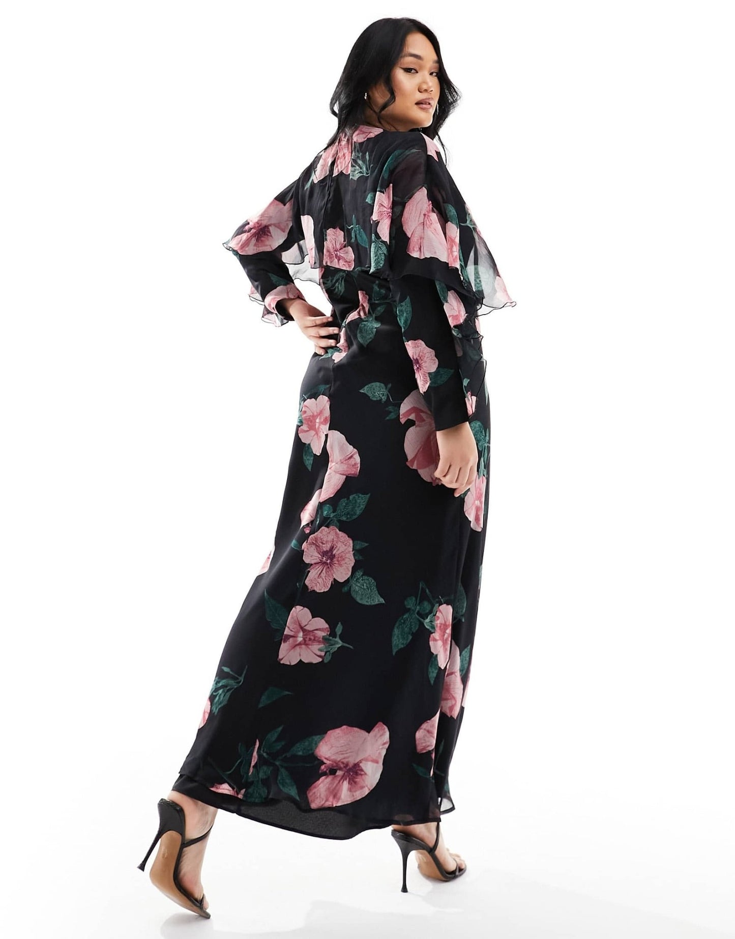 ASOS DESIGN Curve long sleeve ruffle bias maxi dress with cape detail in black floral print - ASOS Sample Sale EU Store