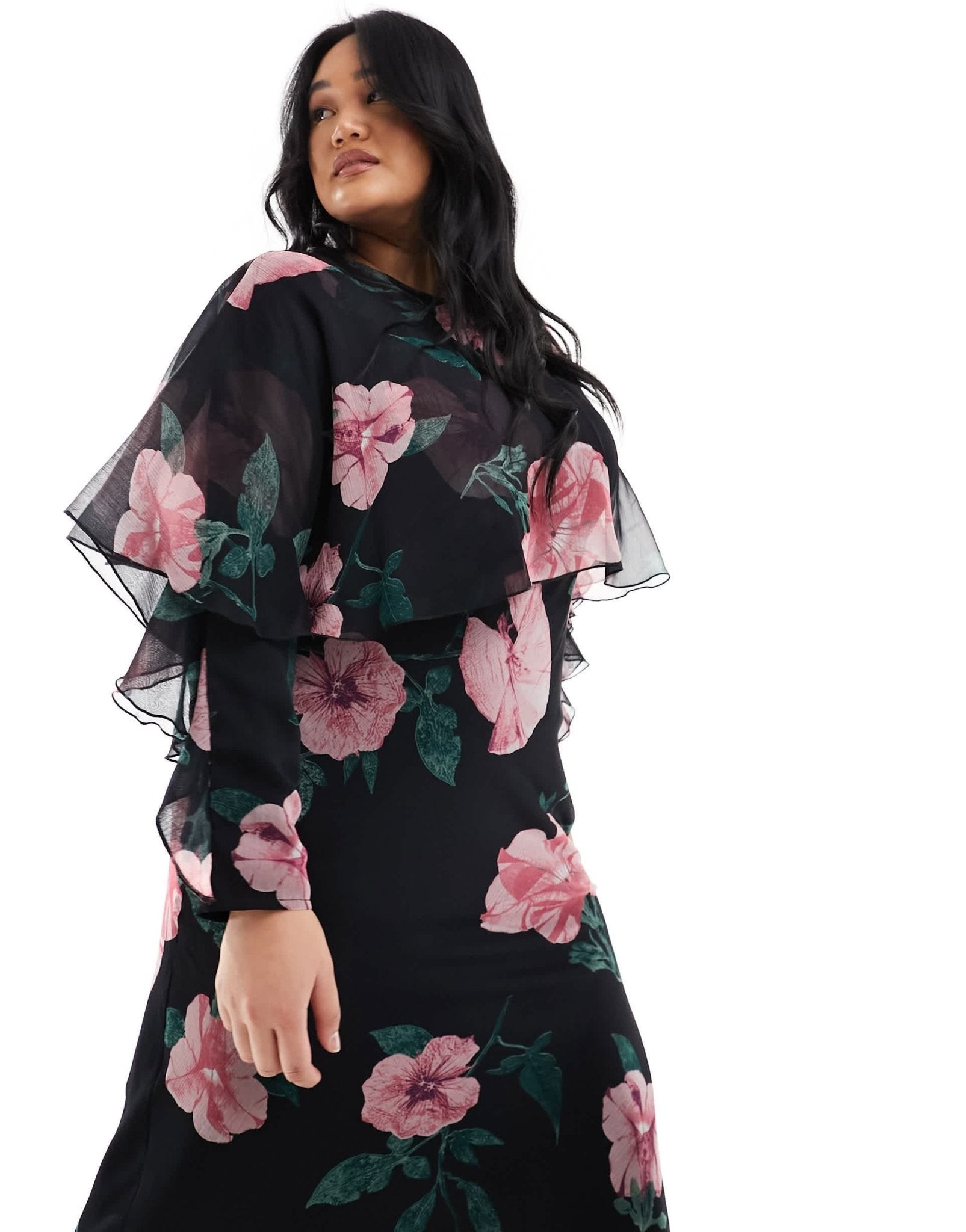 ASOS DESIGN Curve long sleeve ruffle bias maxi dress with cape detail in black floral print - ASOS Sample Sale EU Store