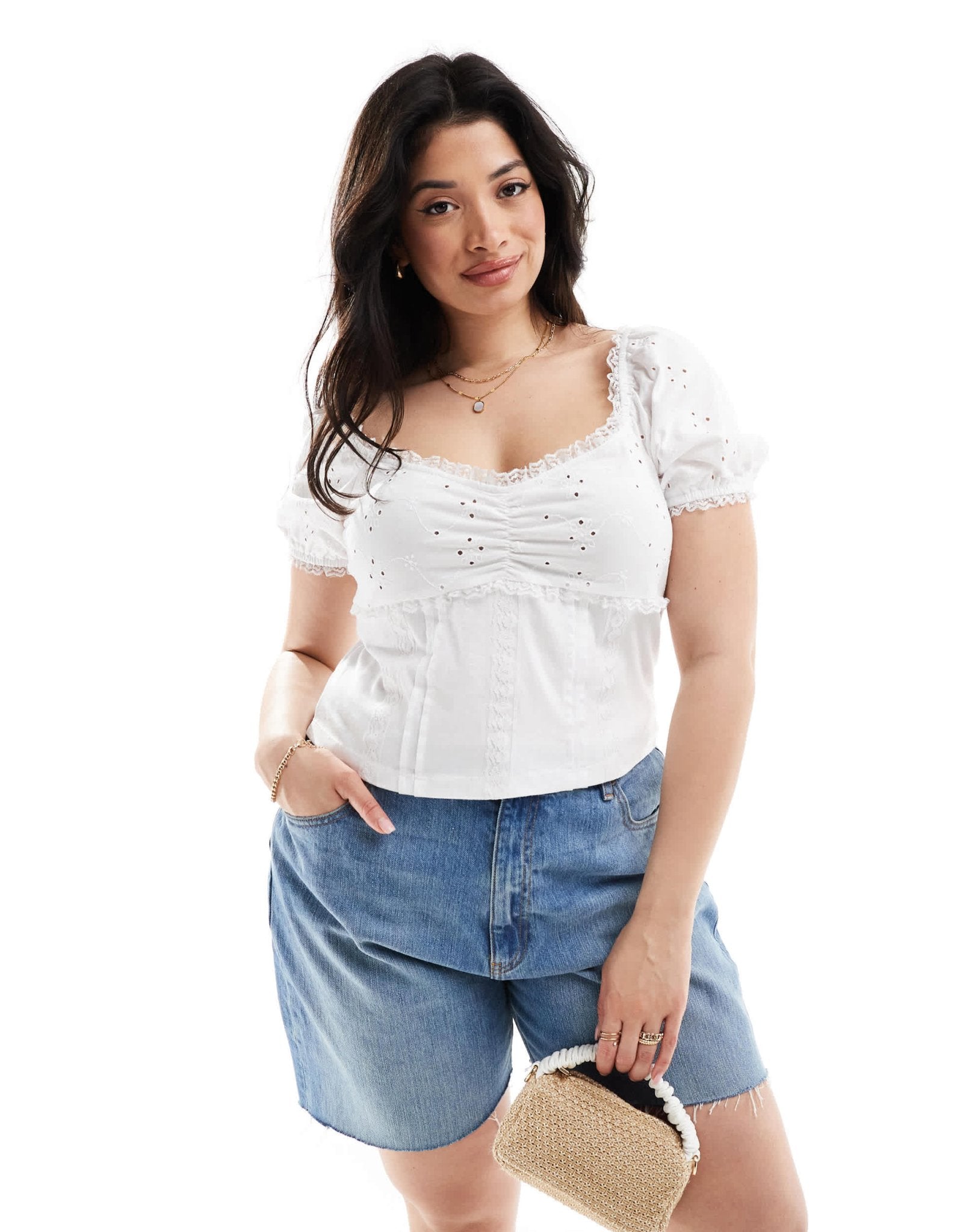 ASOS DESIGN Curve puff sleeve broderie milkmaid top in white - ASOS Sample Sale EU Store