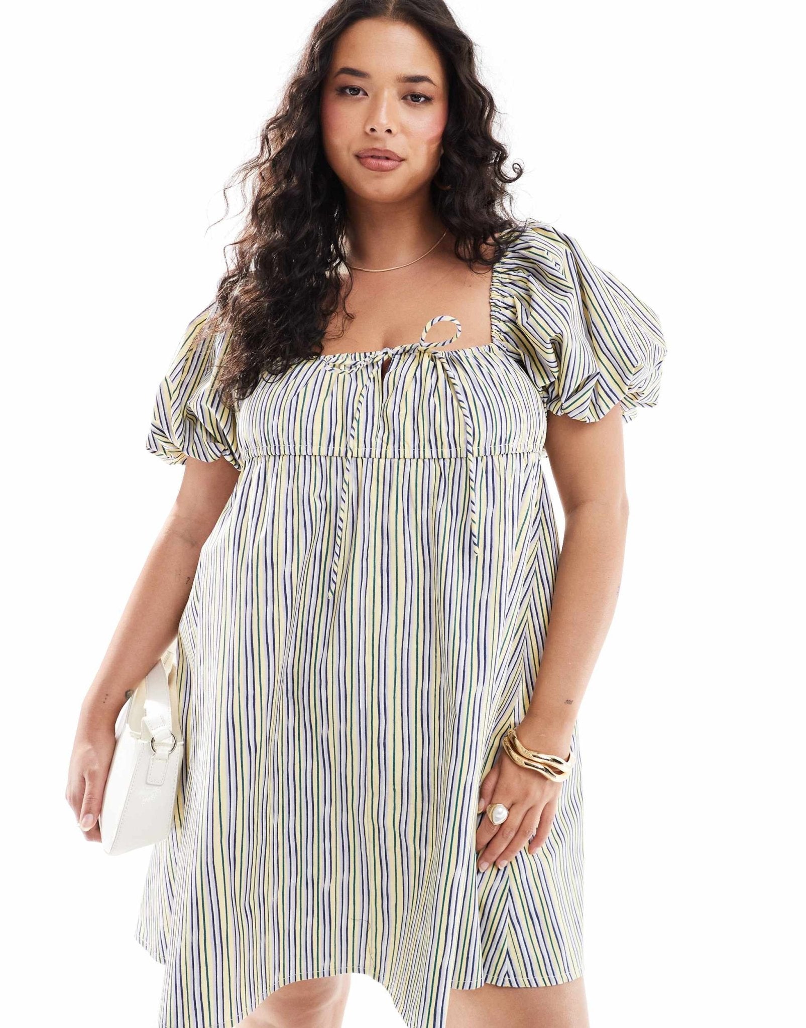 ASOS DESIGN Curve puffed sleeve smock mini dress in yellow stripe - ASOS Sample Sale EU Store