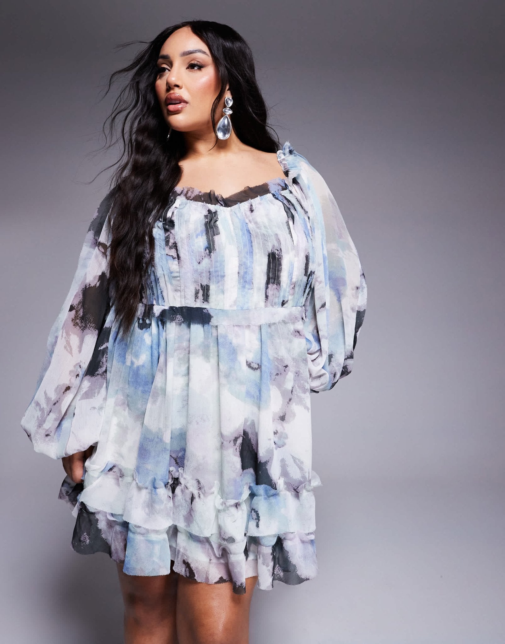 ASOS DESIGN Curve raw edge corset mini dress with blouson sleeves in blurred print - ASOS Sample Sale EU Store