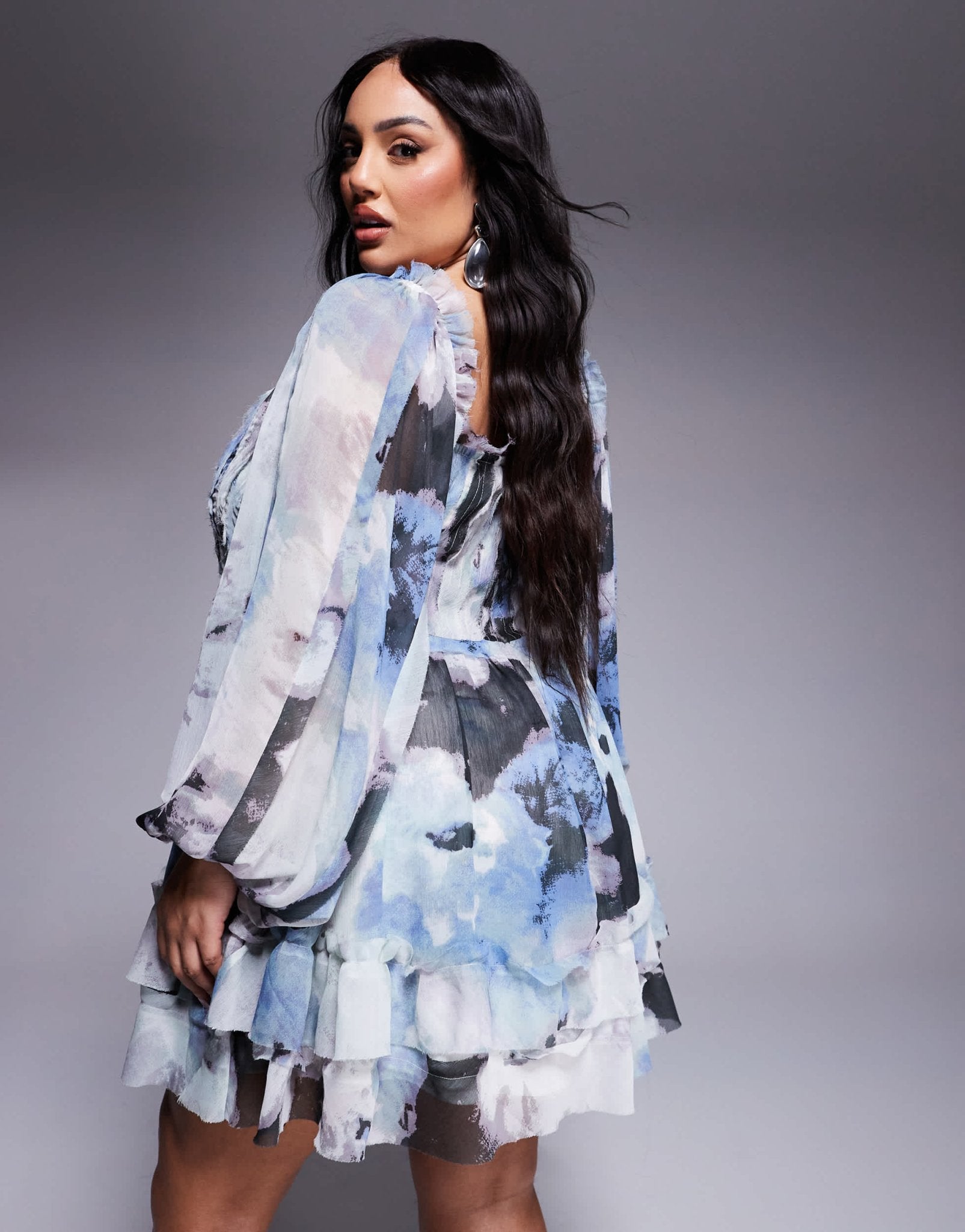 ASOS DESIGN Curve raw edge corset mini dress with blouson sleeves in blurred print - ASOS Sample Sale EU Store