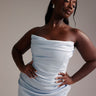 ASOS DESIGN Curve satin bandeau bridesmaid maxi dress in light blue