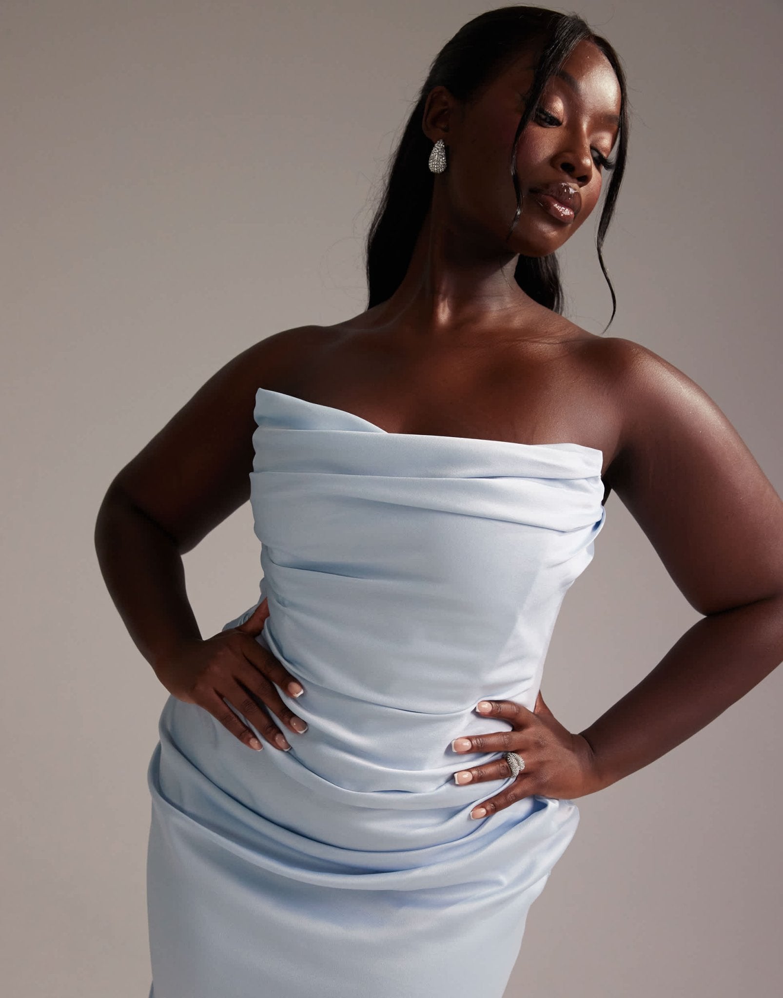 ASOS DESIGN Curve satin bandeau bridesmaid maxi dress in light blue - ASOS Sample Sale EU Store