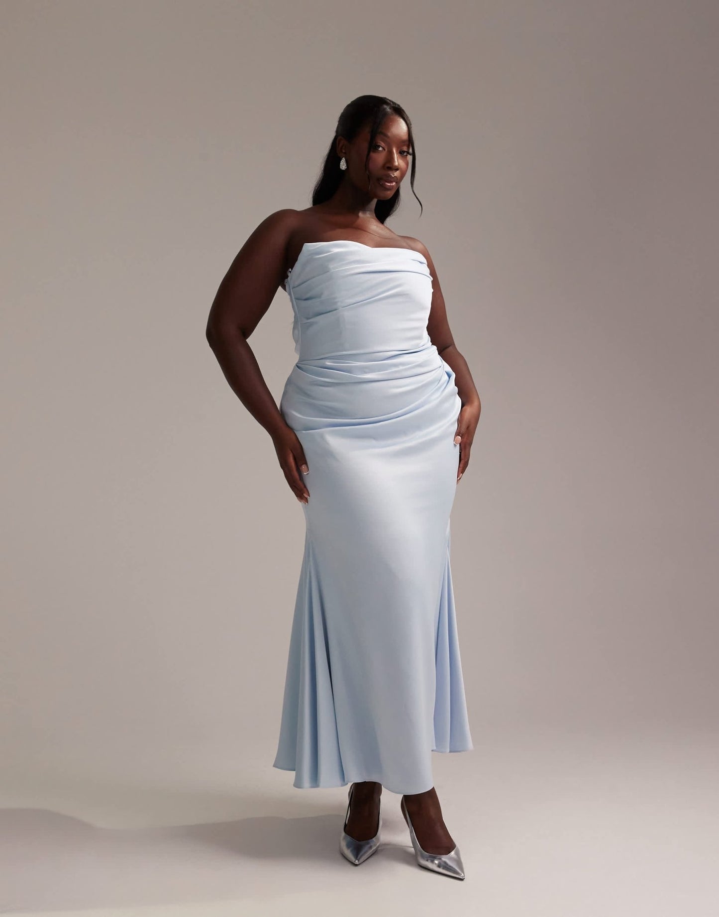 ASOS DESIGN Curve satin bandeau bridesmaid maxi dress in light blue - ASOS Sample Sale EU Store