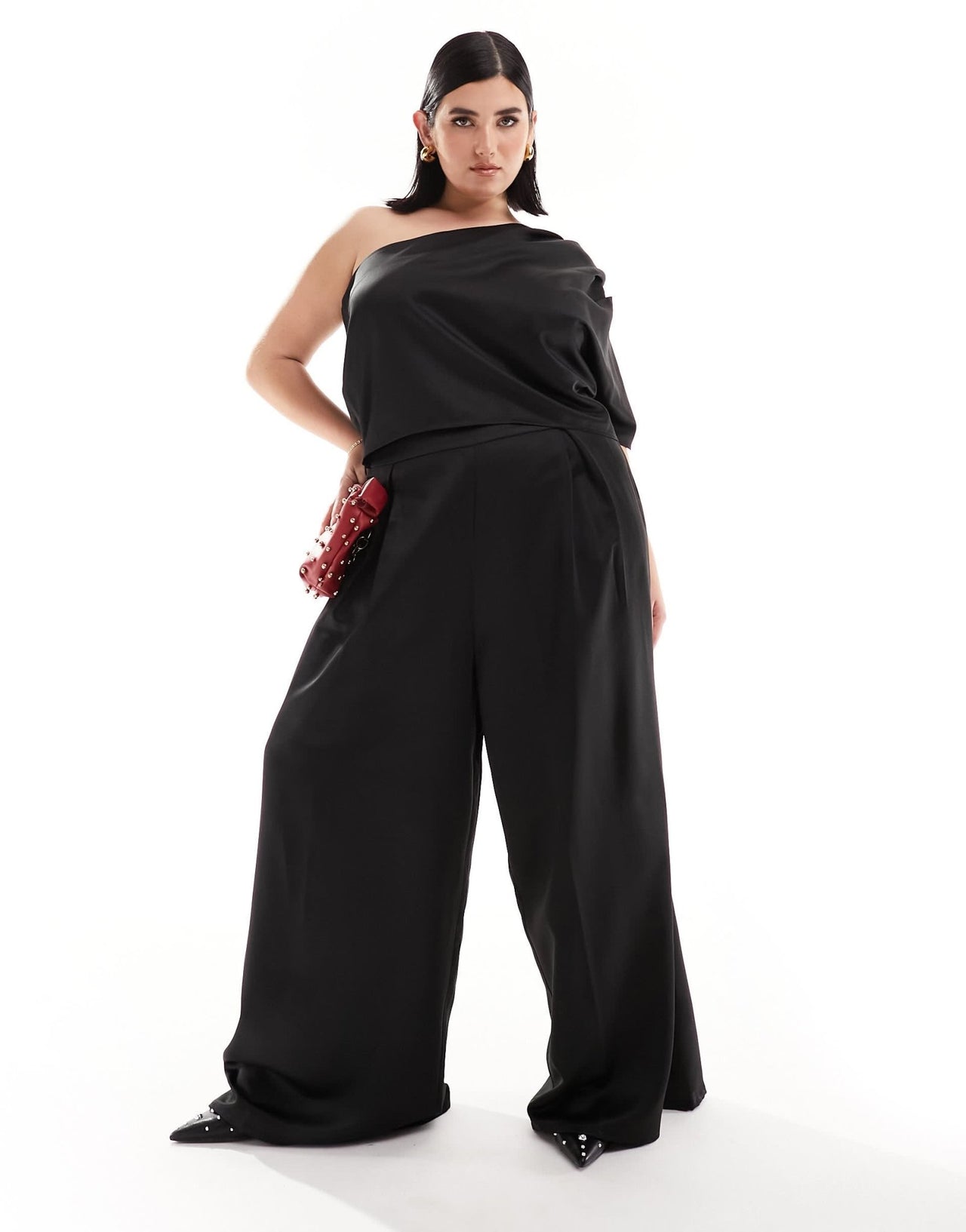 ASOS DESIGN Curve satin wide leg trouser co - ord in black - ASOS Sample Sale EU Store