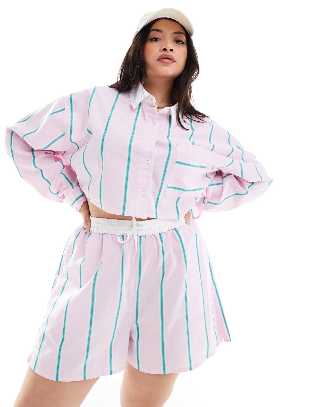 ASOS DESIGN Curve shorts with contrast waist in pink stripe - ASOS Sample Sale EU Store