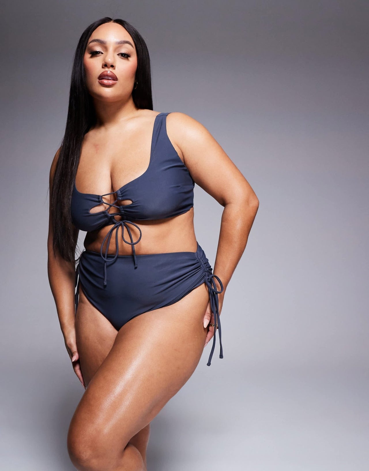 ASOS DESIGN Curve Sierra high waist bikini bottom with ties in slate grey - ASOS Sample Sale EU Store