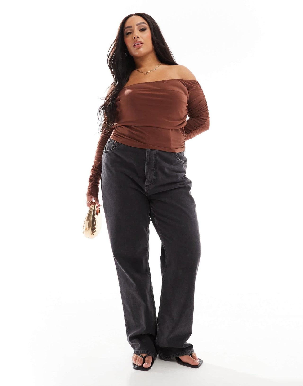 ASOS DESIGN Curve slinky asymmetric neck ruched sleeve top in chocolate - ASOS Sample Sale EU Store