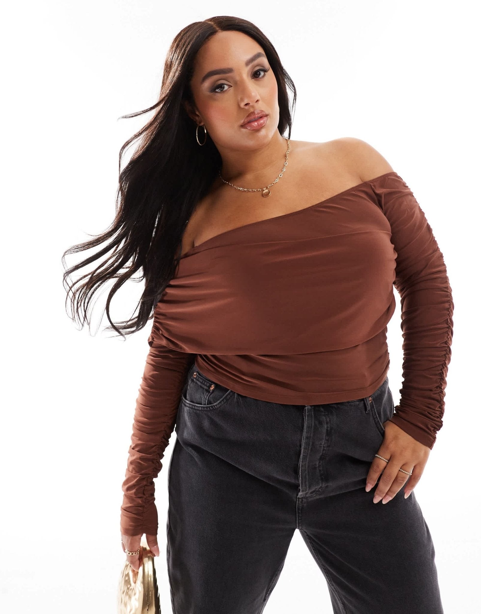 ASOS DESIGN Curve slinky asymmetric neck ruched sleeve top in chocolate - ASOS Sample Sale EU Store