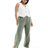 Pantalones de lino de pierna ancha con costura de cintura alta y corte entallado ASOS DESIGN Curve en caqui