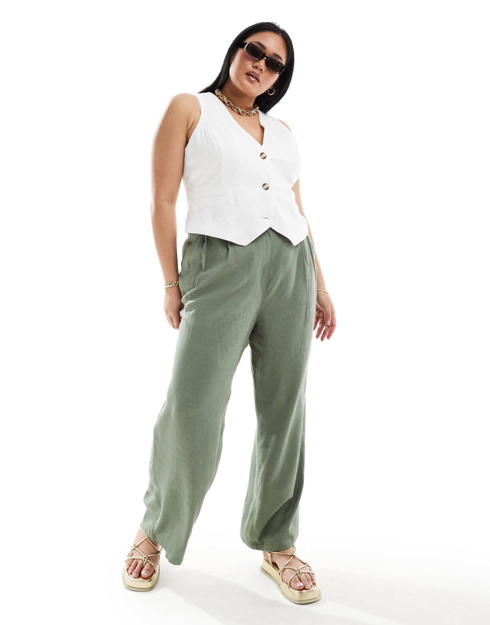 ASOS DESIGN Curve tailored high waist seam detail wide leg linen trousers in khaki - ASOS Sample Sale EU Store