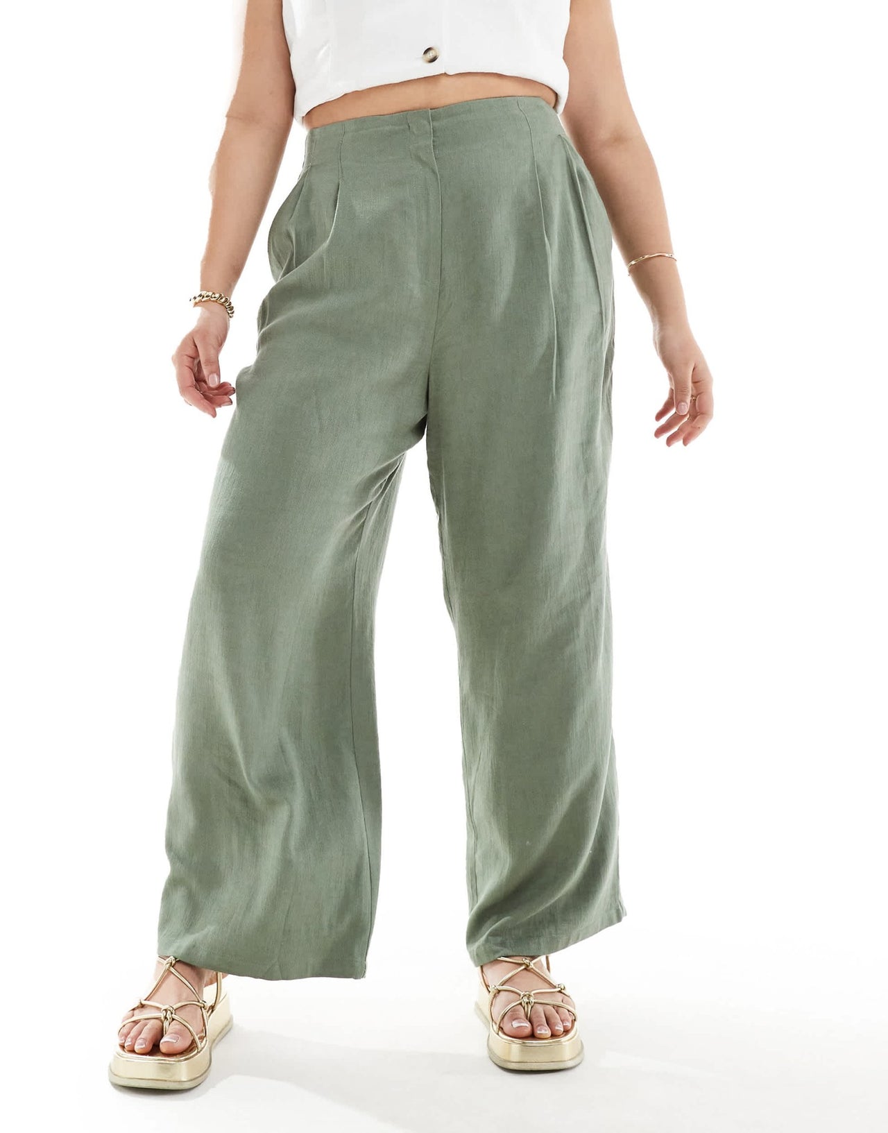 ASOS DESIGN Curve tailored high waist seam detail wide leg linen trousers in khaki - ASOS Sample Sale EU Store