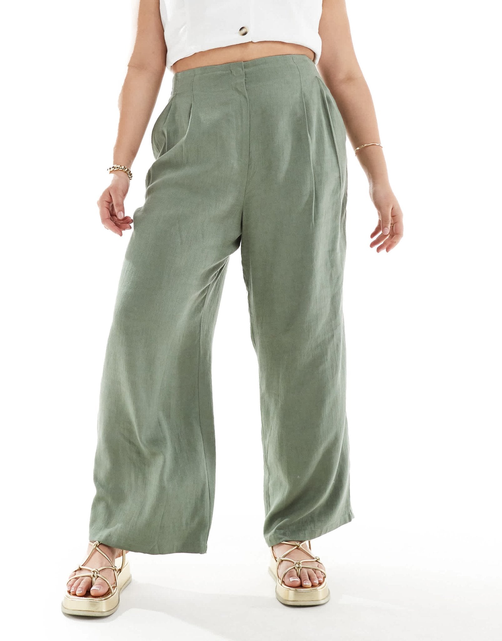 ASOS DESIGN Curve tailored high waist seam detail wide leg linen trousers in khaki - ASOS Sample Sale EU Store
