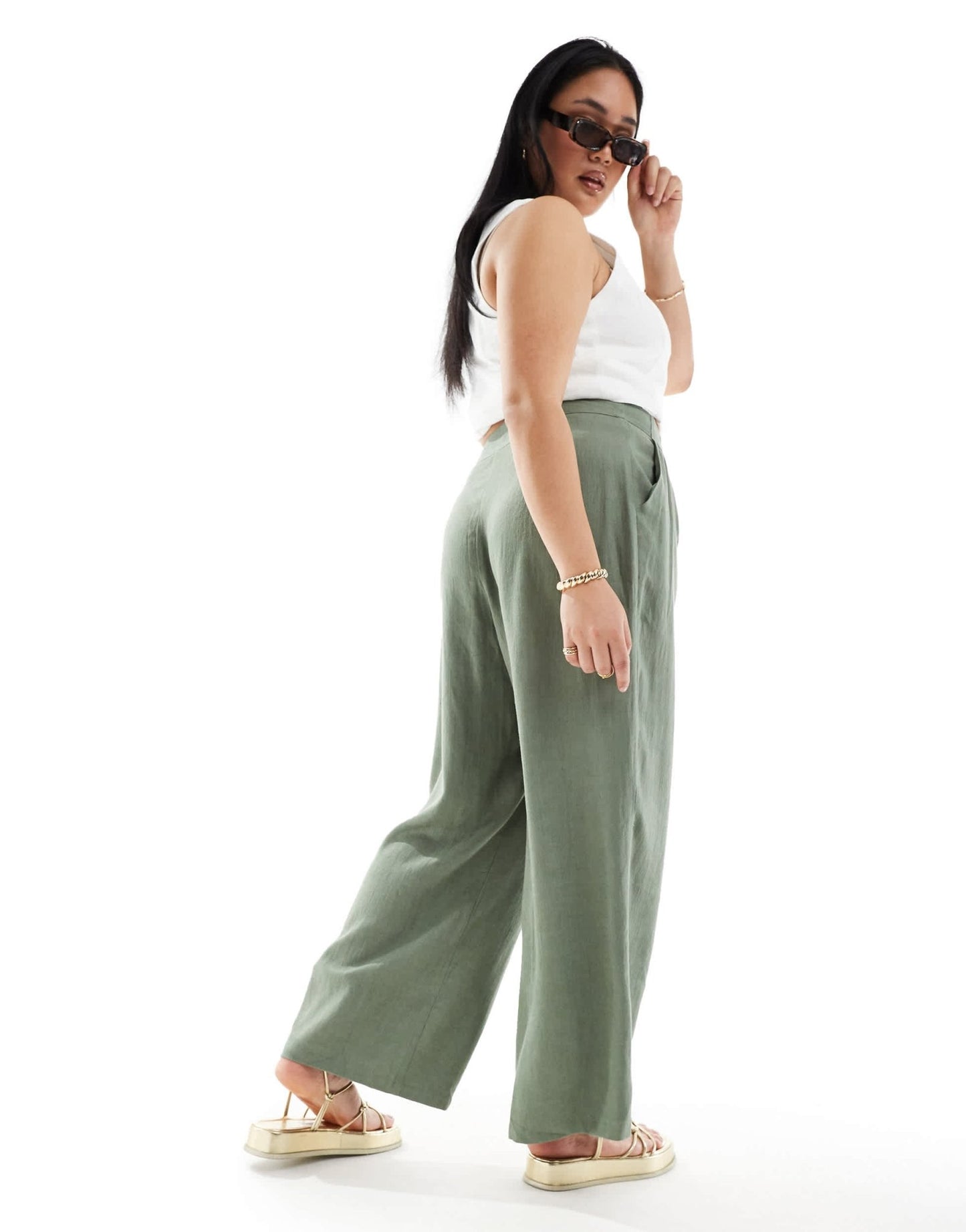 ASOS DESIGN Curve tailored high waist seam detail wide leg linen trousers in khaki - ASOS Sample Sale EU Store