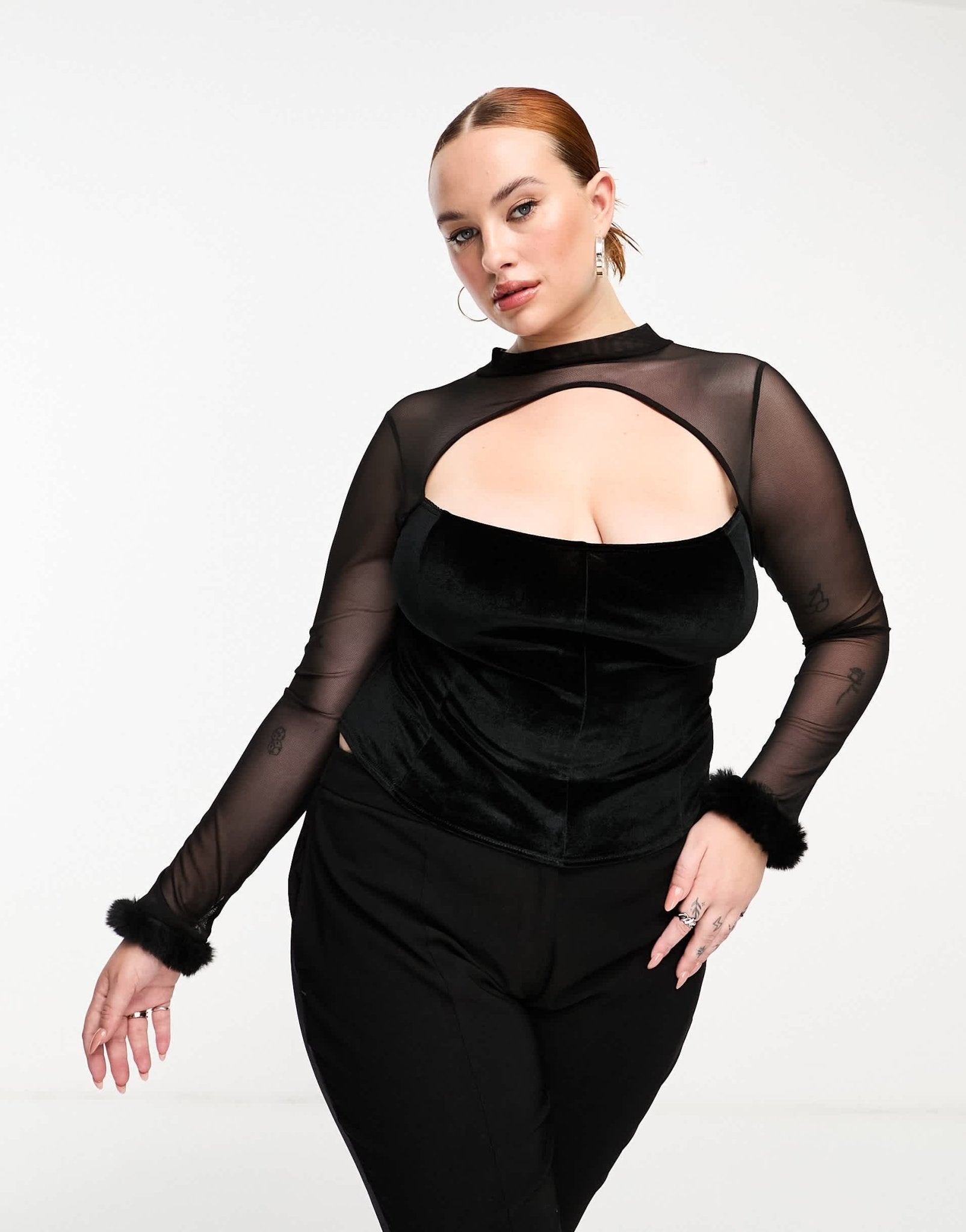 ASOS DESIGN Curve velvet corset top with mesh sleeves in black - ASOS Sample Sale EU Store