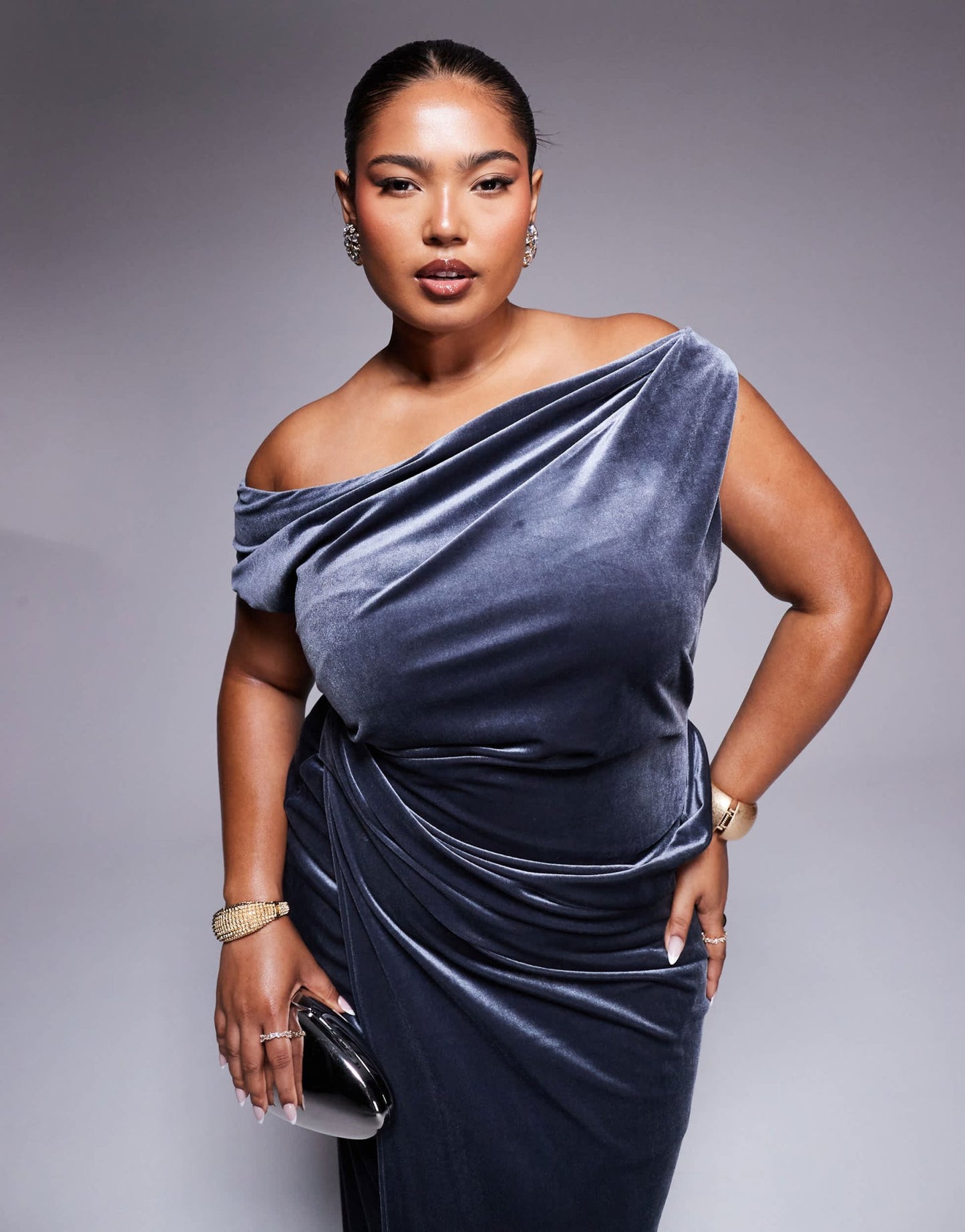ASOS DESIGN Curve velvet premium asymmetric drape detail maxi dress with side split in charcoal - ASOS Sample Sale EU Store