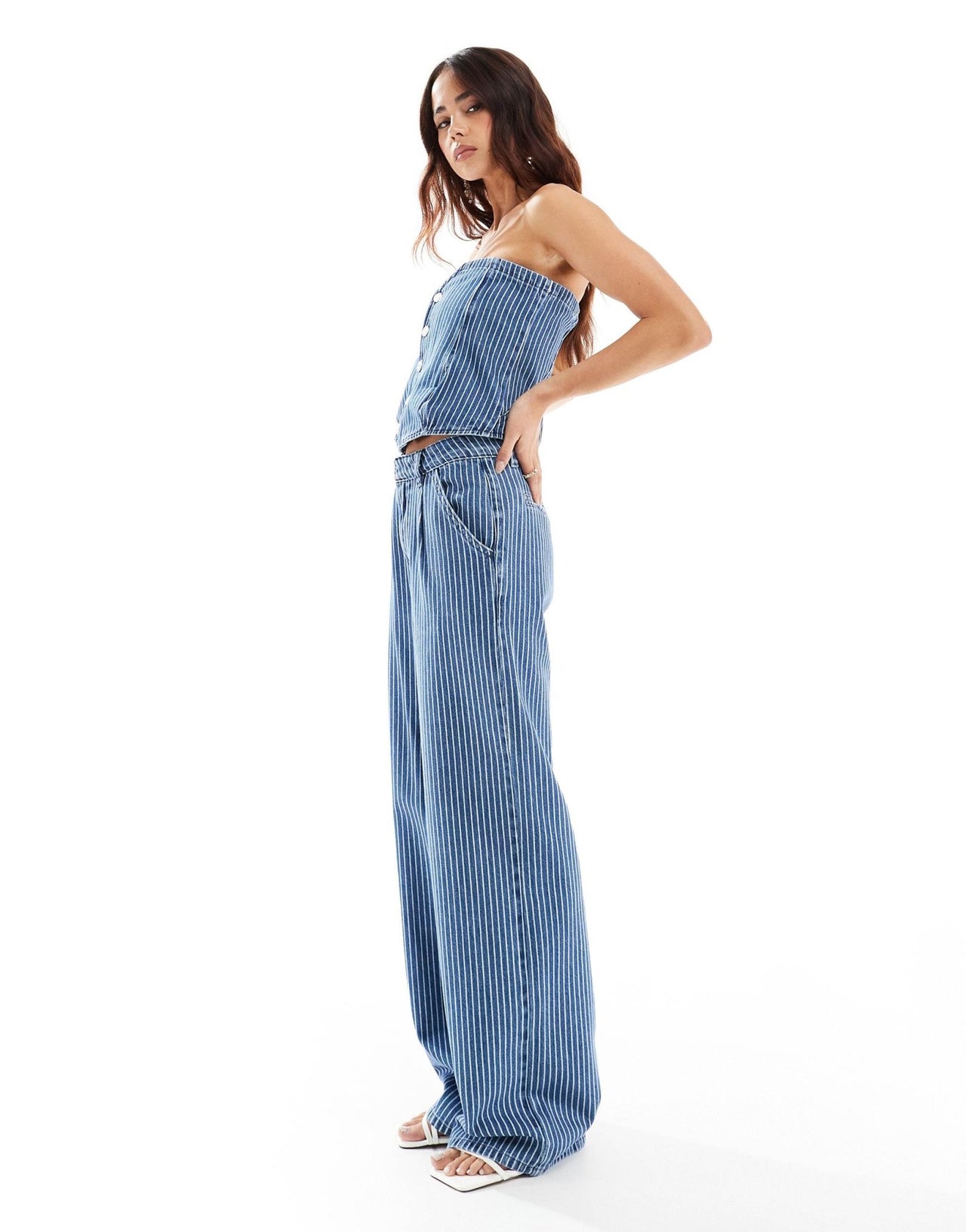 ASOS DESIGN denim bandeau in pinstripe mid wash blue co - ord - ASOS Sample Sale EU Store
