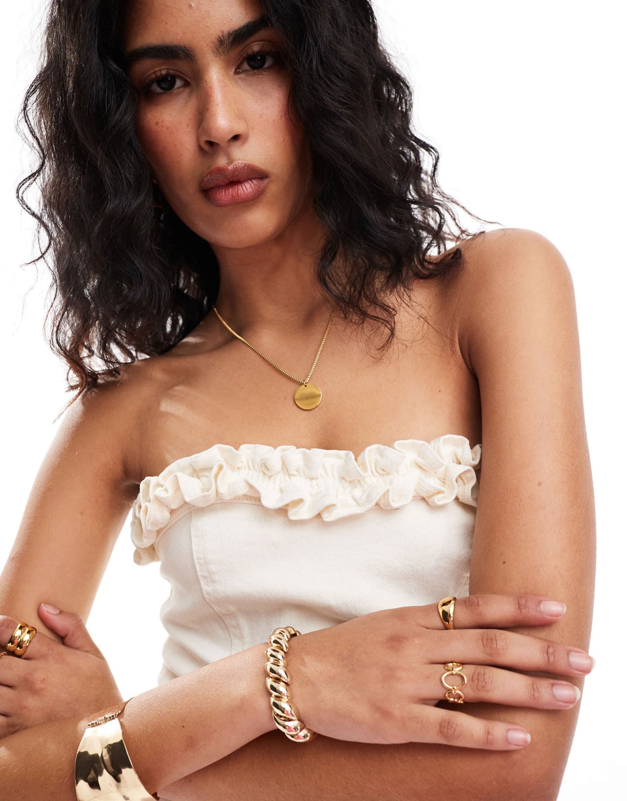 ASOS DESIGN denim bandeau mini dress with frill bust detail in ecru - ASOS Sample Sale EU Store