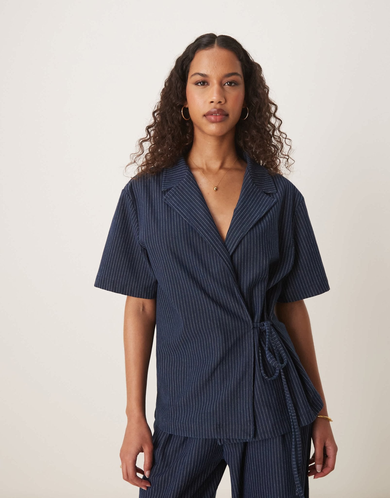 ASOS DESIGN denim look tie front revere shirt in pinstripe - ASOS Sample Sale EU Store