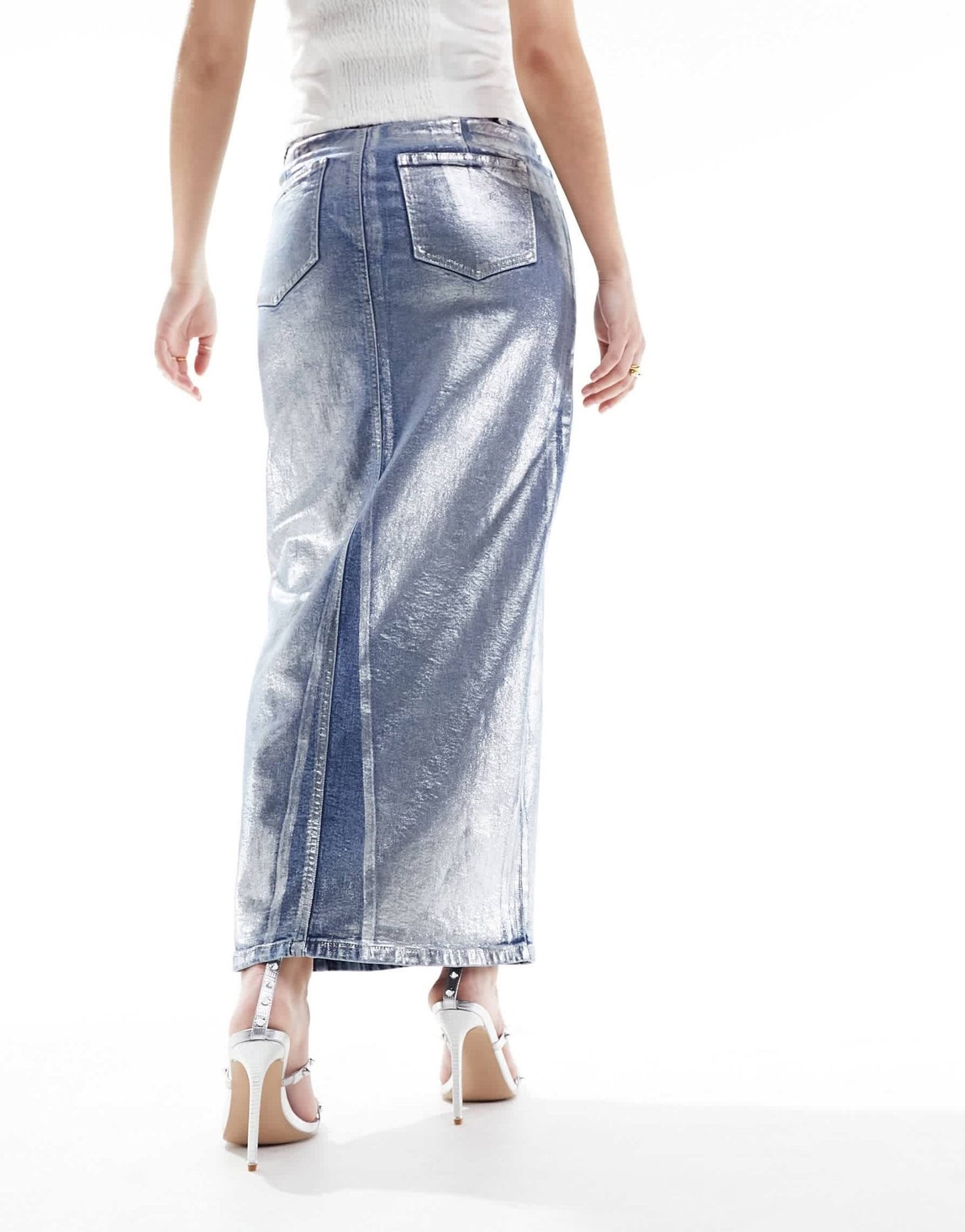 ASOS DESIGN denim maxi skirt with split front in metallic silver - ASOS Sample Sale EU Store