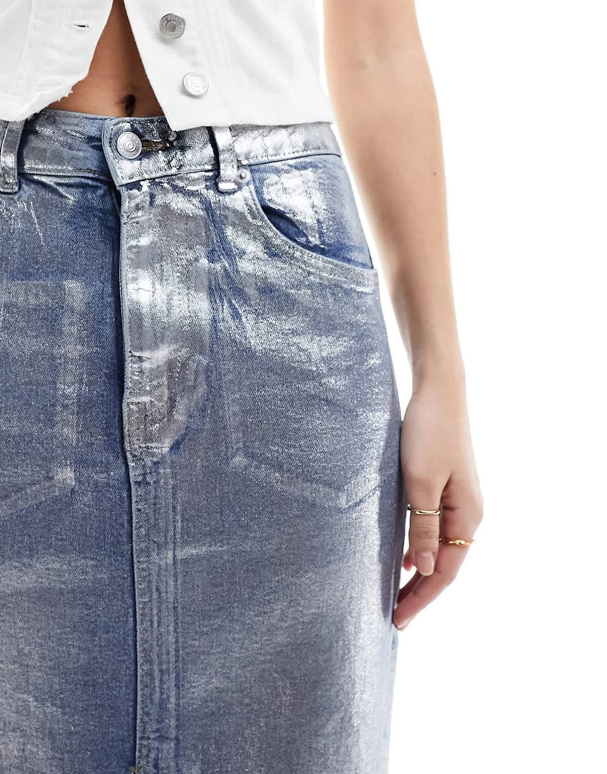 ASOS DESIGN denim maxi skirt with split front in metallic silver - ASOS Sample Sale EU Store