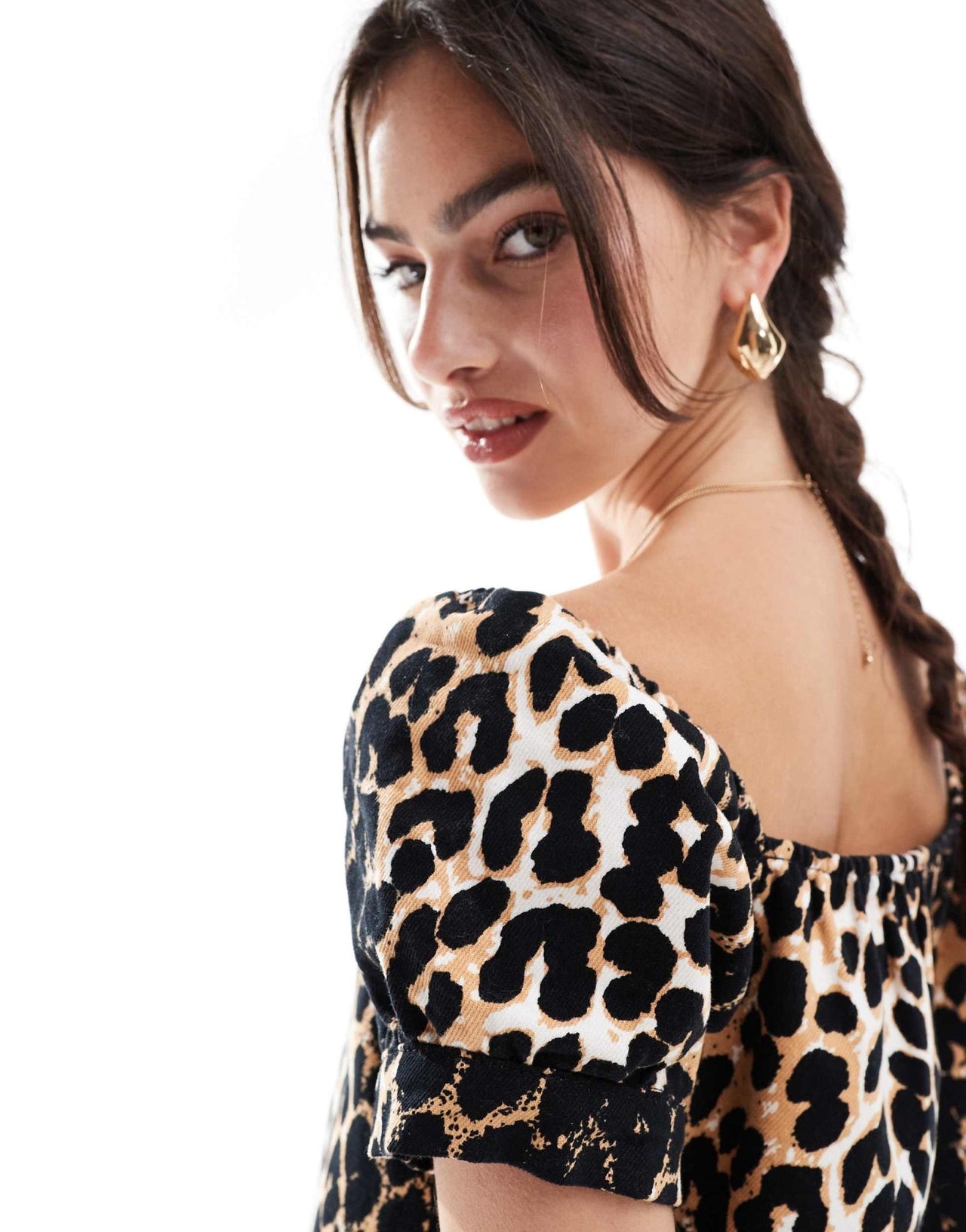 ASOS DESIGN denim puff sleeve top in leopard - ASOS Sample Sale EU Store