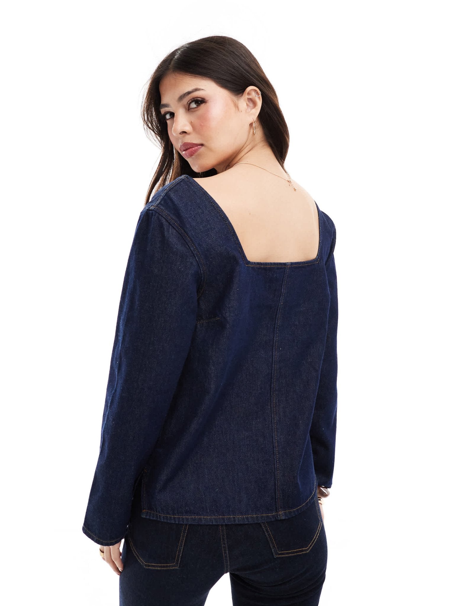 ASOS DESIGN denim seamed long sleeve top in mid blue - ASOS Sample Sale EU Store