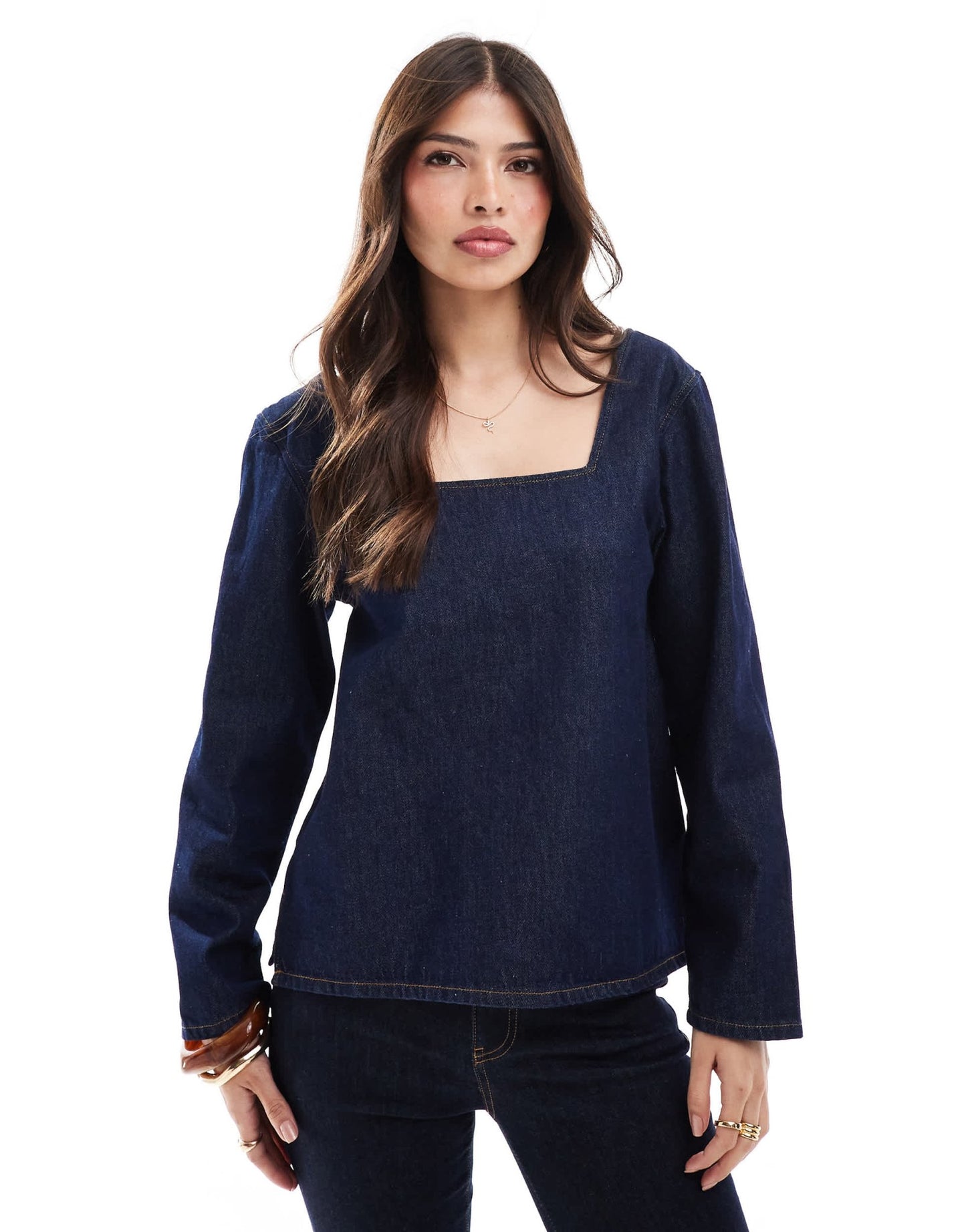 ASOS DESIGN denim seamed long sleeve top in mid blue - ASOS Sample Sale EU Store