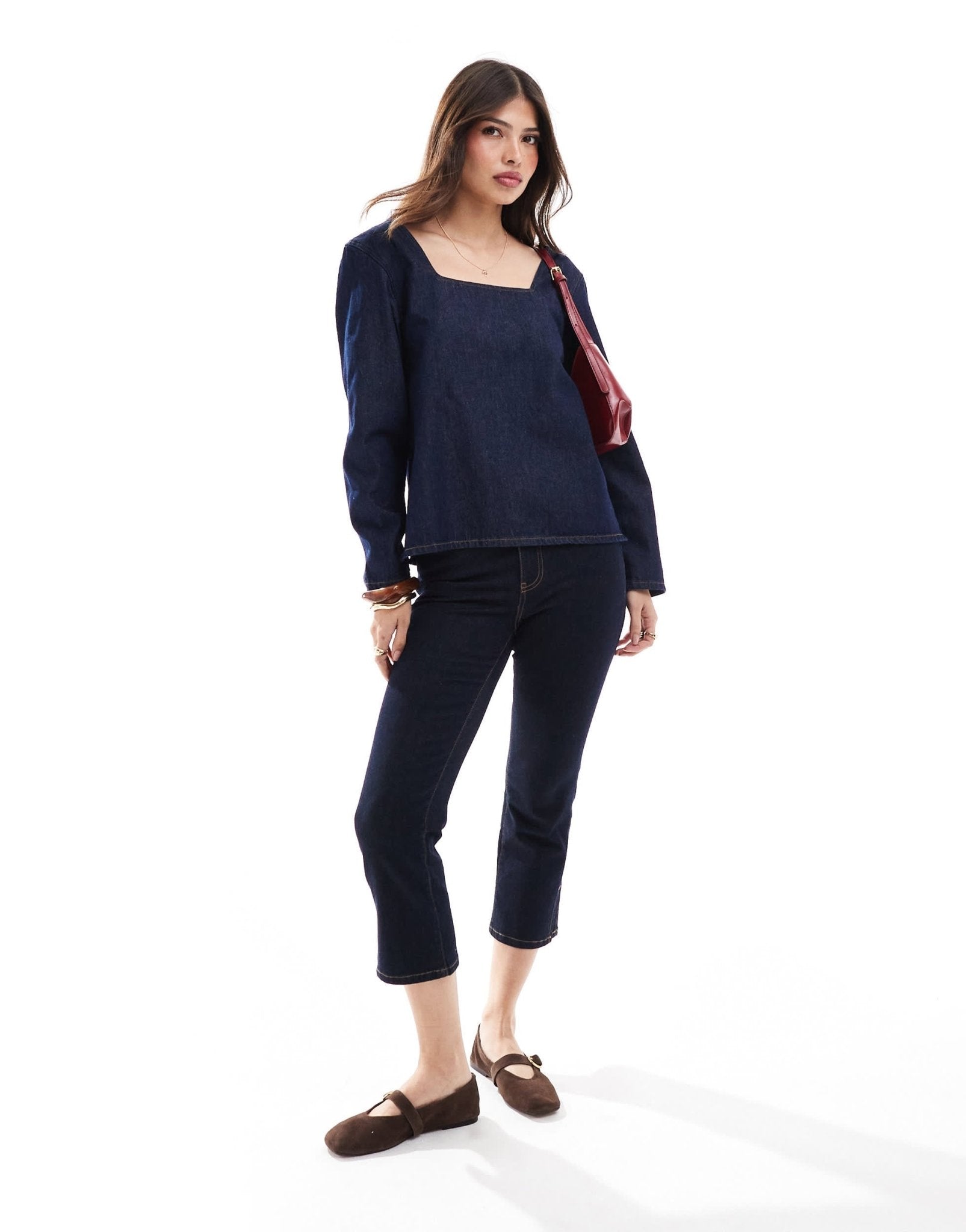 ASOS DESIGN denim seamed long sleeve top in mid blue - ASOS Sample Sale EU Store