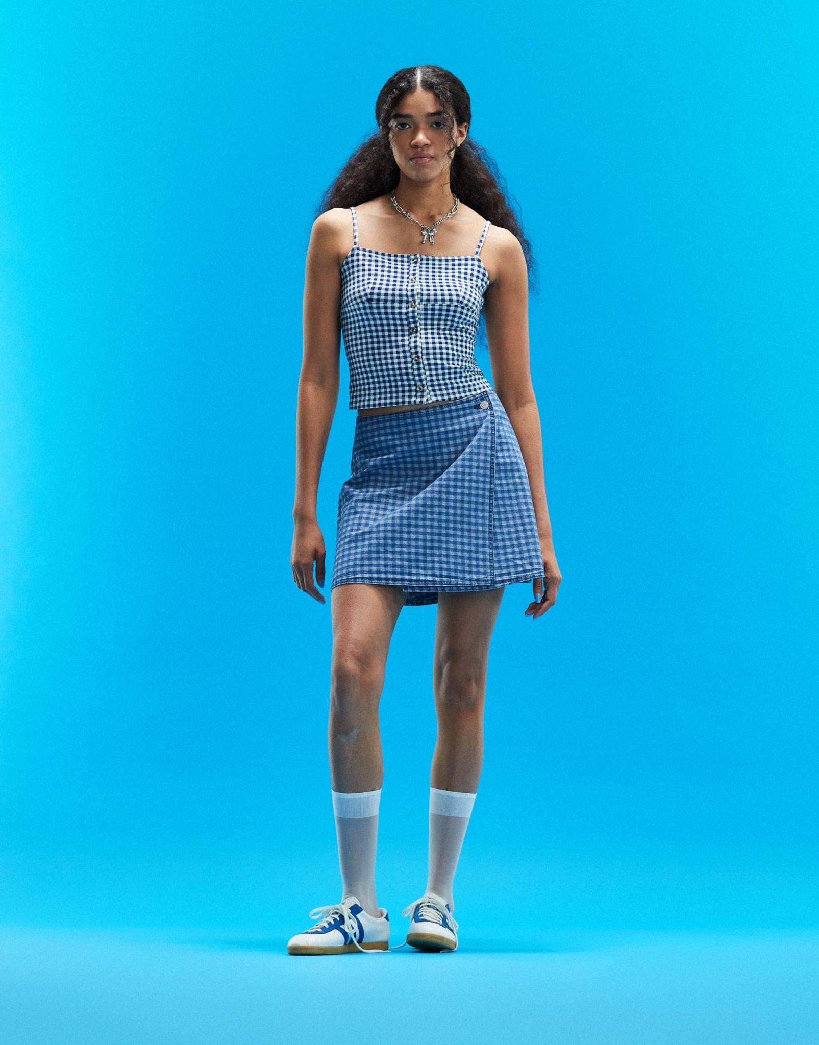 ASOS DESIGN denim wrap mini skirt in blue gingham print - ASOS Sample Sale EU Store