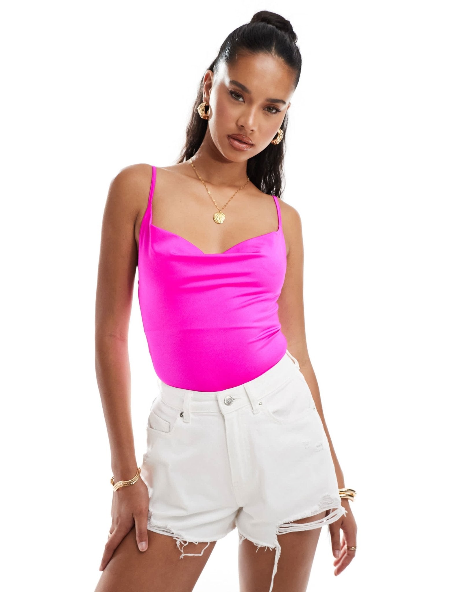 ASOS DESIGN disco cowl neck bodysuit in pink - ASOS Sample Sale EU Store