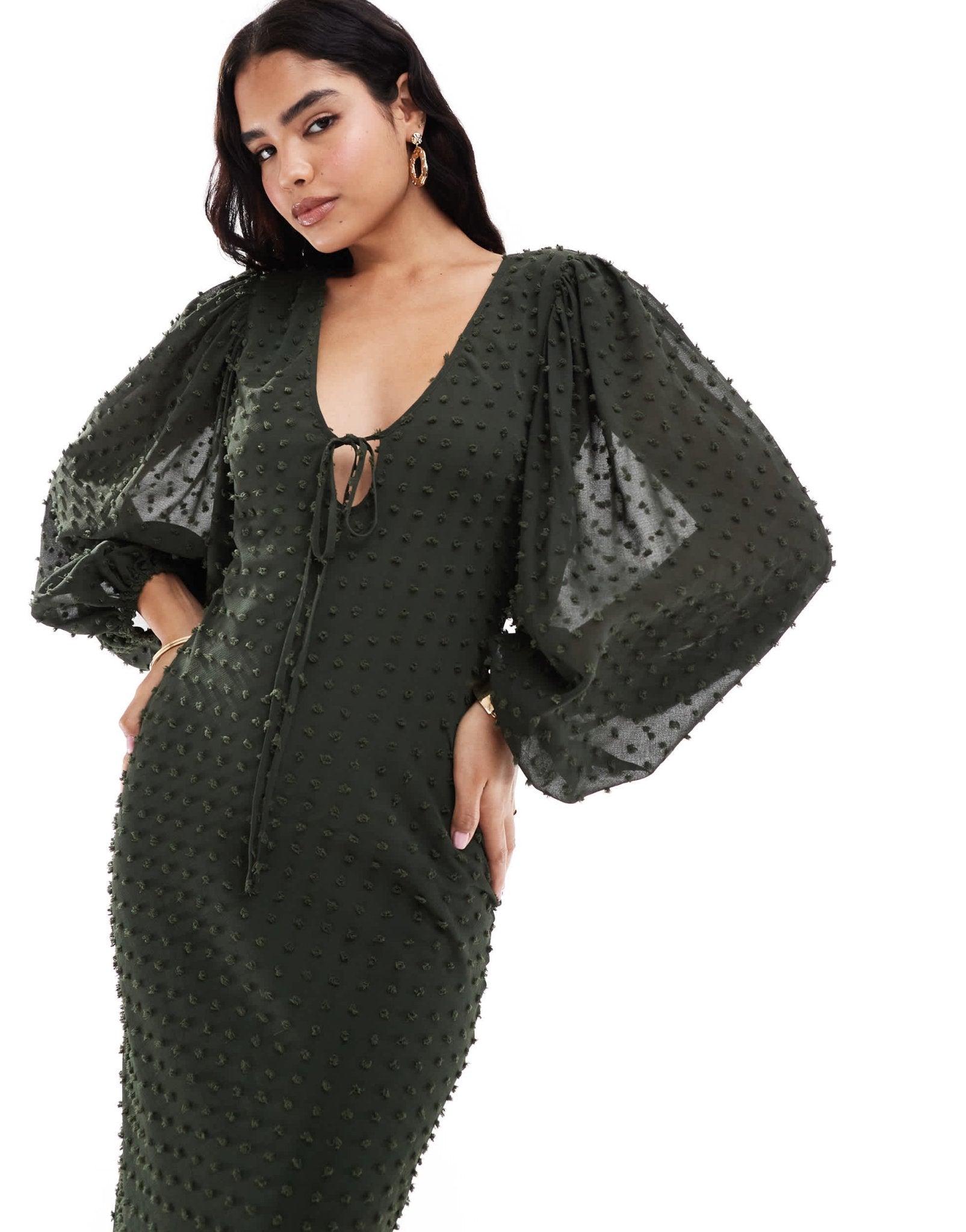 ASOS DESIGN dobby balloon sleeve midi dress in dark green - ASOS Sample Sale EU Store